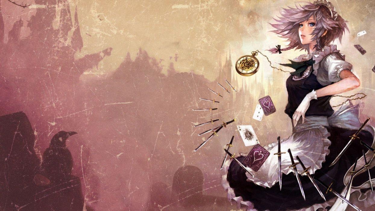 1244x700 Touhou Izayoi Sakuya digital art anime girls karty wallpaperx1080