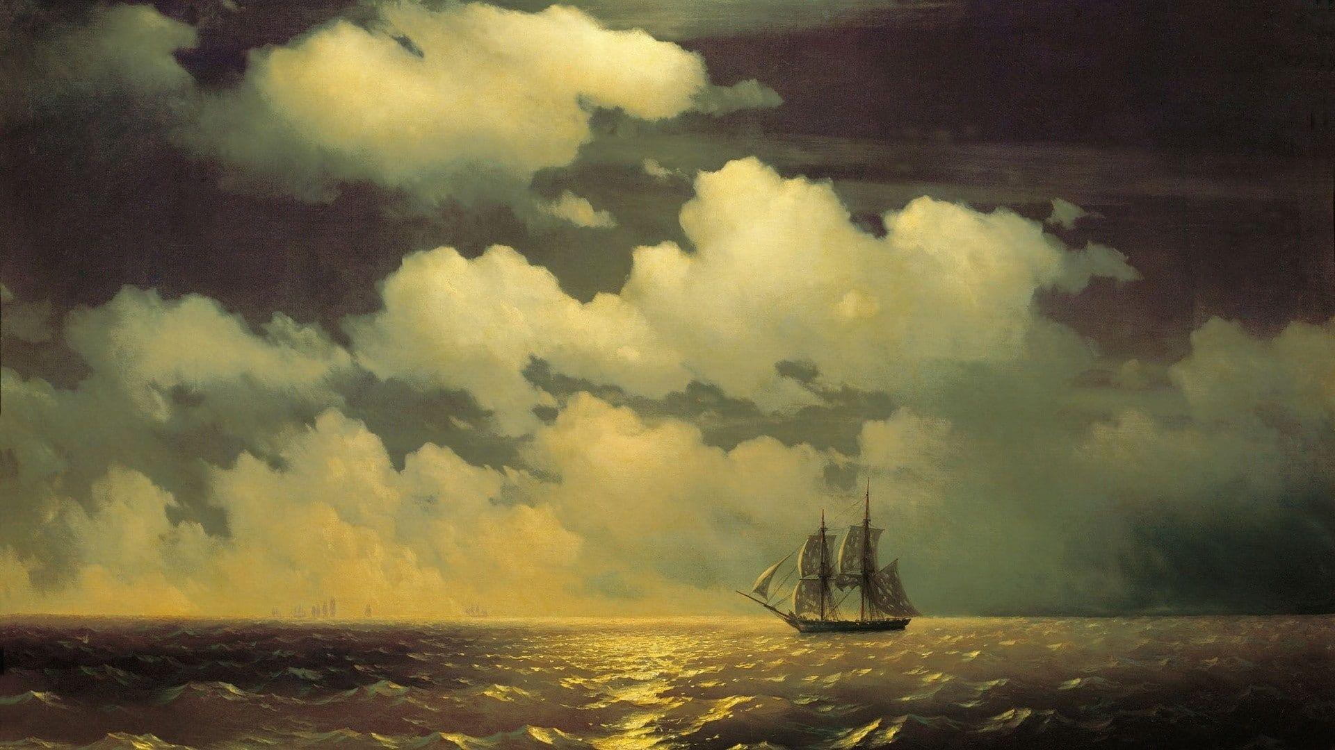 1920x1080 sailing ship classical art #water Ivan Konstantinovich Aivazovsky #horizon #painting #artwork #clouds Ivan Aiva. Water painting, Water illustration, Classical art