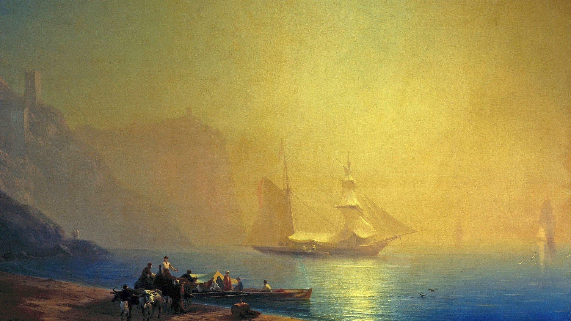 1920x1080 Ivan Aivazovsky, People, Artwork, Painting, Classical art, Water, Sea, Sailing ship, Ivan Konstantinovich Aivazovsky, Boat, Cliff, Sunlight Wallpaper HD / Desktop and Mobile Background
