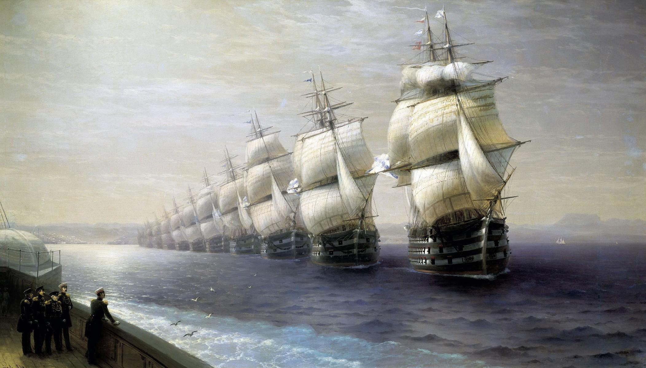 2103x1200 soldier sailor men sailing ship water sea painting ivan konstantinovich aivazovsky artwork classic art clouds birds wallpaper