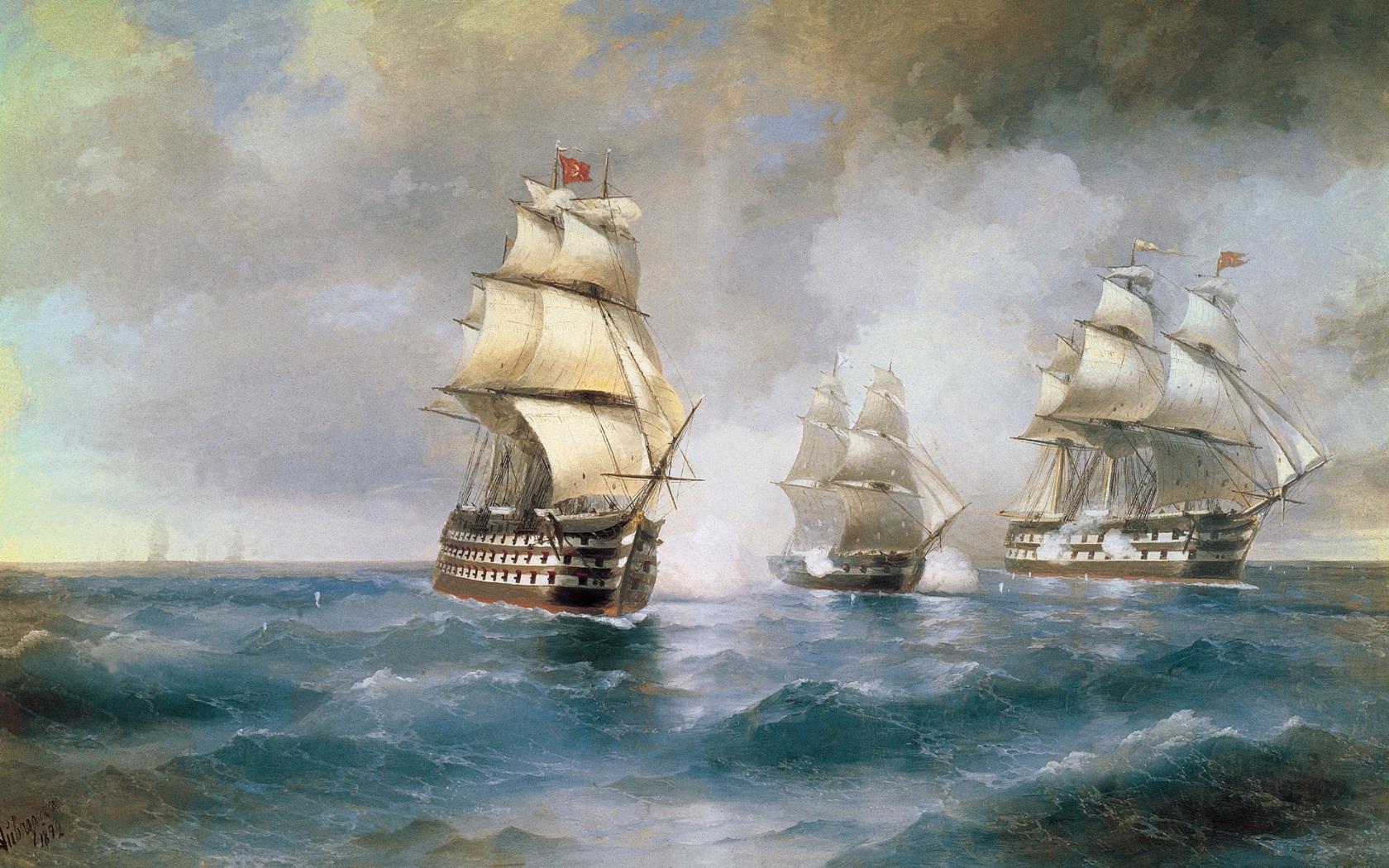 1680x1050 Ivan Aivazovsky. Brig Mercury Attacked By Two Turkish Ships. 1892 / Good