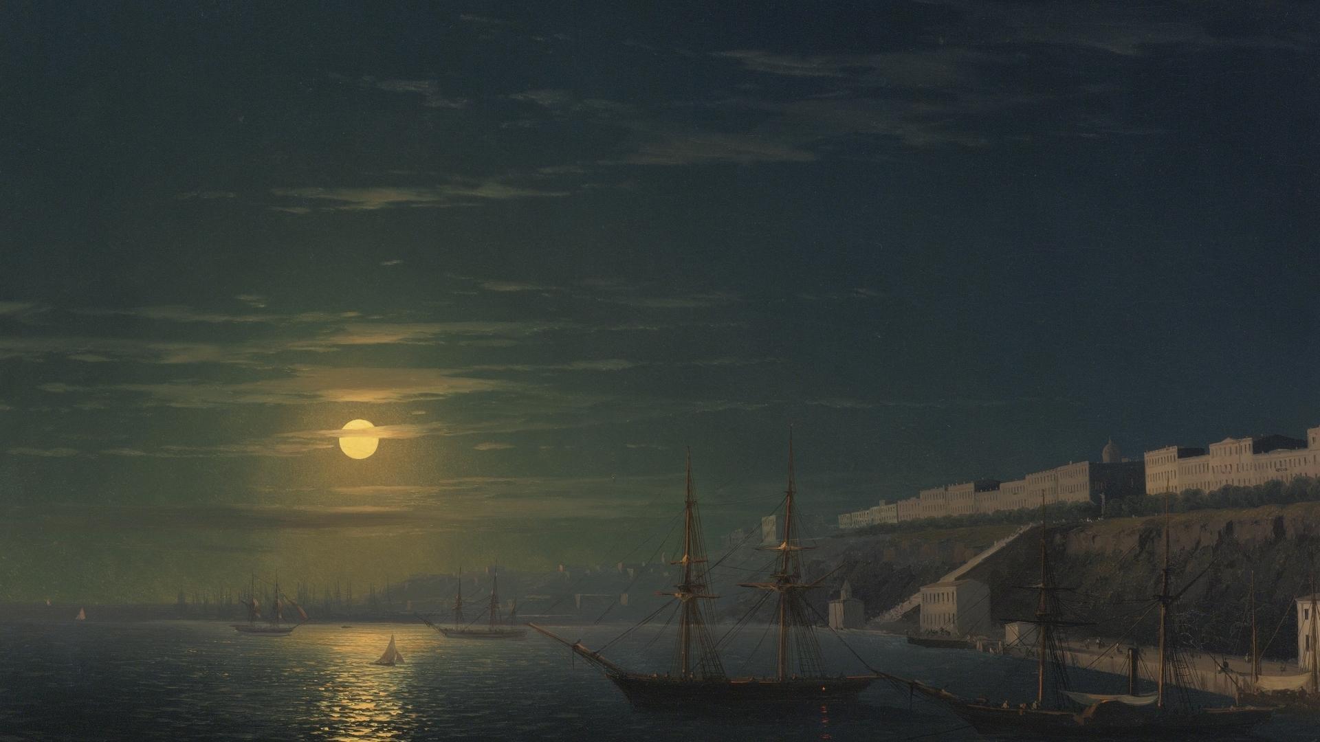 1920x1080 Wallpaper / art, luna, luminos, sky, sea, boat, moon, seashore, ship, painting, summer, pictura, ivan aivazovsky
