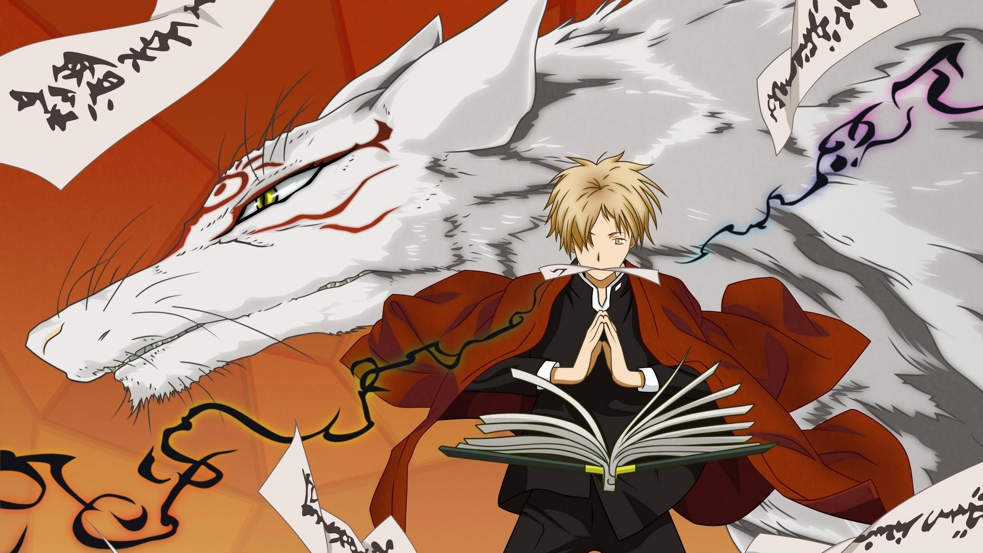 1920x1080 Download Wallpaper 1920x1080 Natsume Yuujinchou, Natsume Takashi, Madara, Nyanko Sensei, Guy, Blond, Animal, Book, Posture Full HD 1080p HD Background
