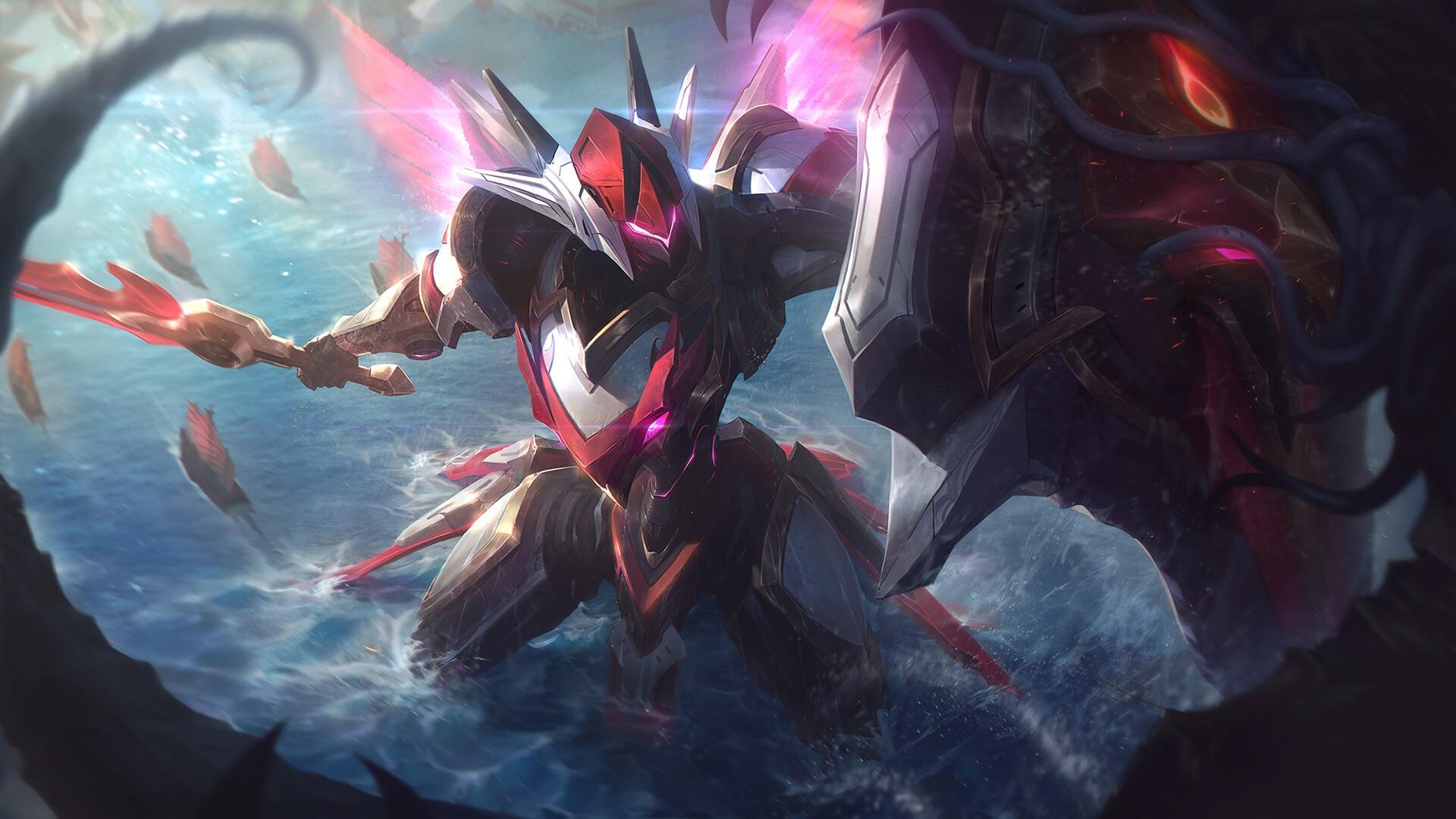 1920x1080 Wallpaper / shield, sword, mecha fight, digital art, water, League of Legends, Leona (League of Legends)