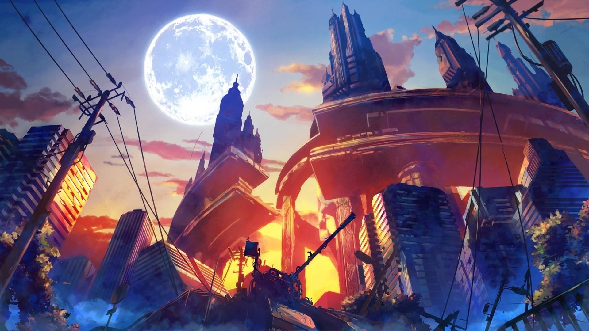 1920x1080 #Moon, #fantasy art, #artwork, #anime, #city, #destruction, wallpaper. Mocah HD Wallpaper