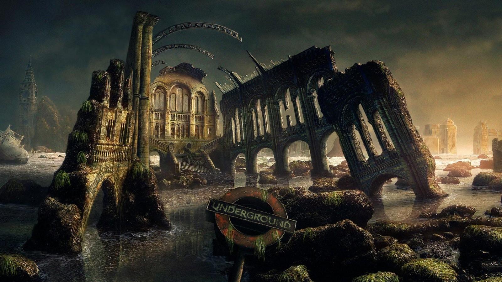 1600x900 cityscape, night, artwork, evening, castle, ruins, darkness, landmark, screenshot, computer wallpaper, ancient history. Mocah HD Wallpaper