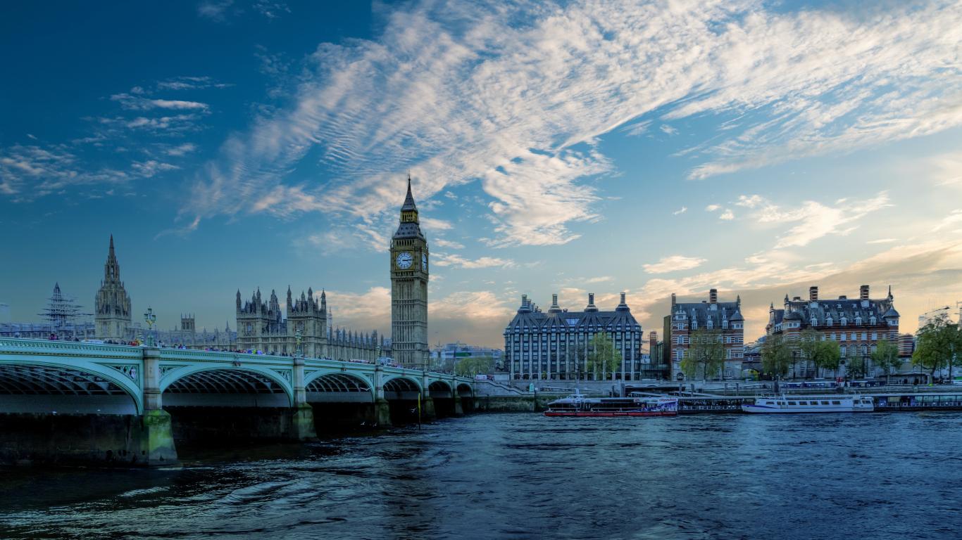 1366x768 Desktop Wallpaper London, Tower Bridge, Big Ben, City, Morning, River, Bridge, HD Image, Picture, Background, Udbhgb