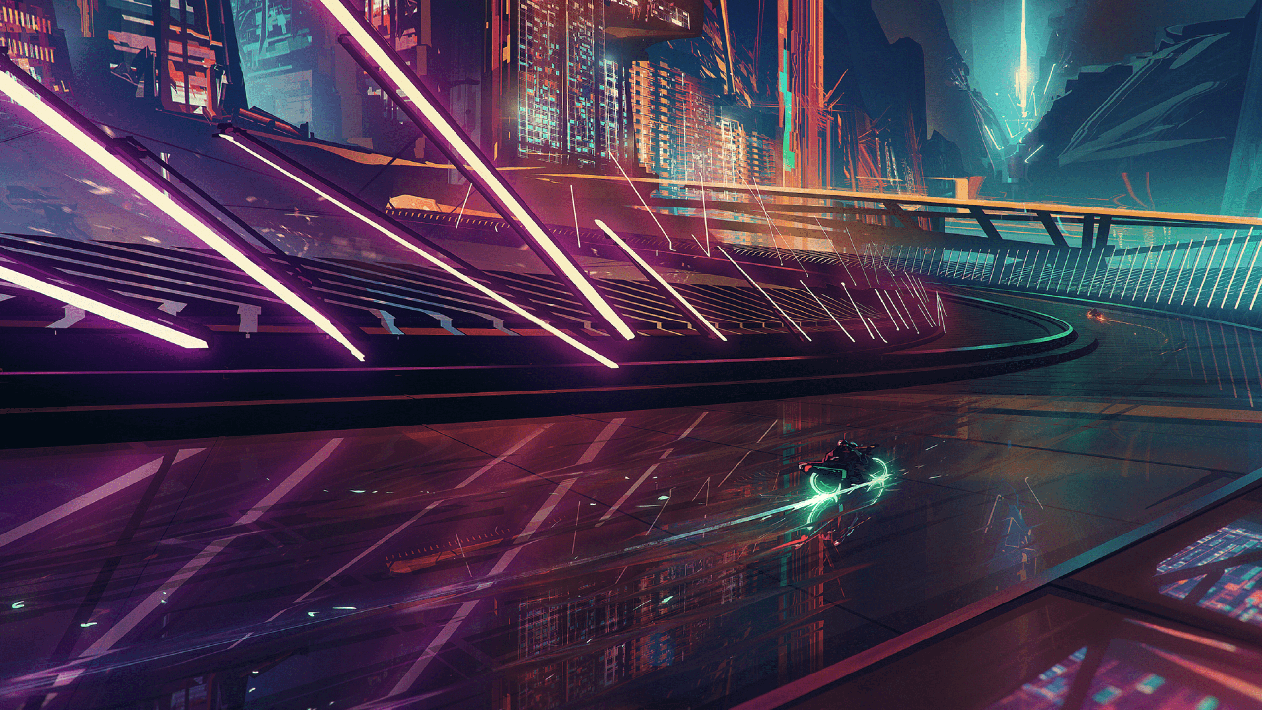 2560x1440 Download 2560x1440 Sci Fi, Neon, Digital Art, Motorcycle, Cyberpunk, Buildings, Futuristic Architecture Wallpaper For IMac 27 Inch