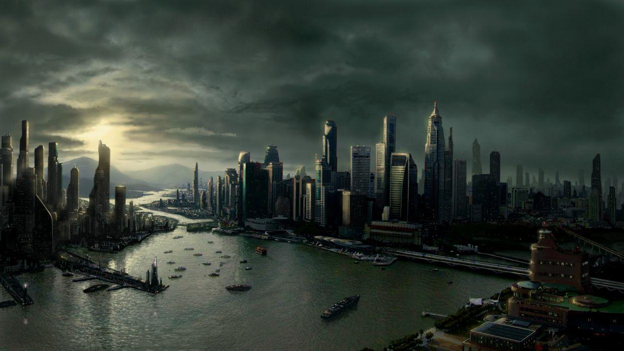 1244x700 Cityscapes dawn futuristic architecture bridges buildings artwork cities wallpaperx900