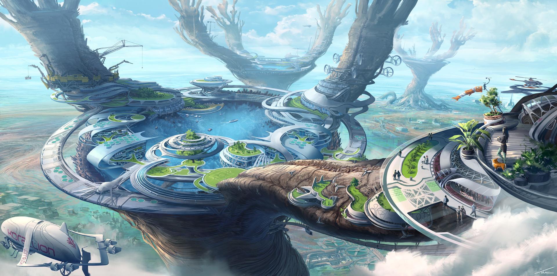 1920x951 #trees, #flood, #sky, #science fiction, #building, #illustration, #city, #Zeppelin, #digital art, #modern, #futuristic, #architecture, wallpaper. Mocah HD Wallpaper