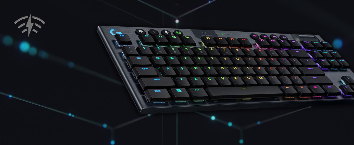 1464x600 Logitech G915 TKL Tenkeyless Lightspeed Wireless RGB Mechanical Gaming Keyboard, Low Profile Switch Options, LIGHTSYNC RGB, Advanced Wireless and Bluetooth Support, Black: Computers & Accessories