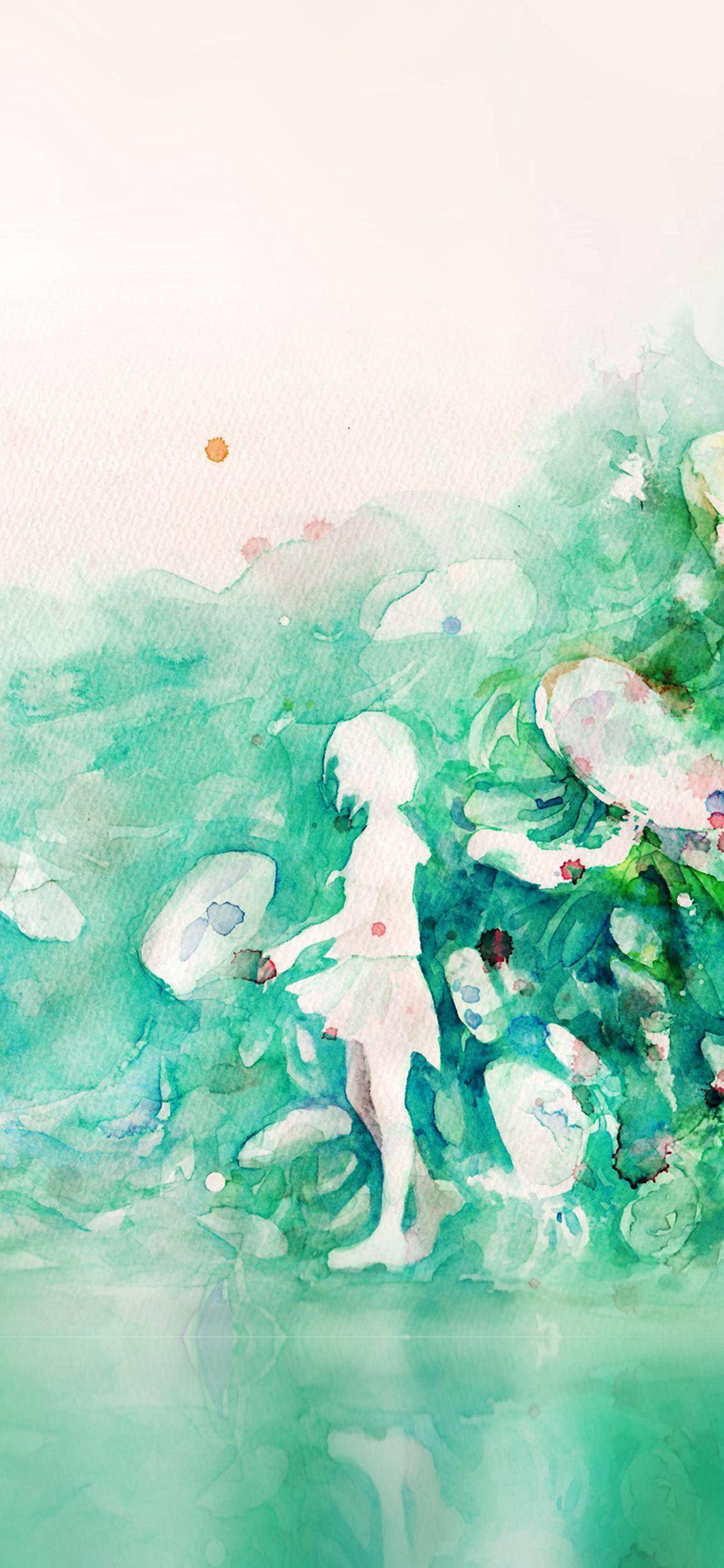 1125x2436 Watercolor Green Girl Nature Art Illust #iPhone #X #wallpaper. Watercolor iphone, iPad wallpaper watercolor, Watercolor wallpaper