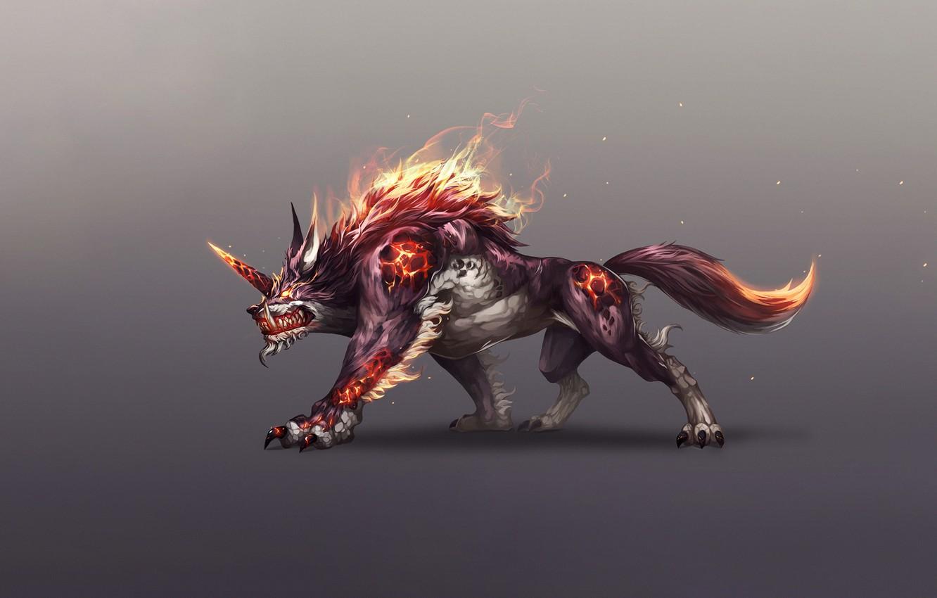 1332x850 Photo Wallpaper Fantasy, Fire, Monster, Art, Flame, Anime Wolf Monster