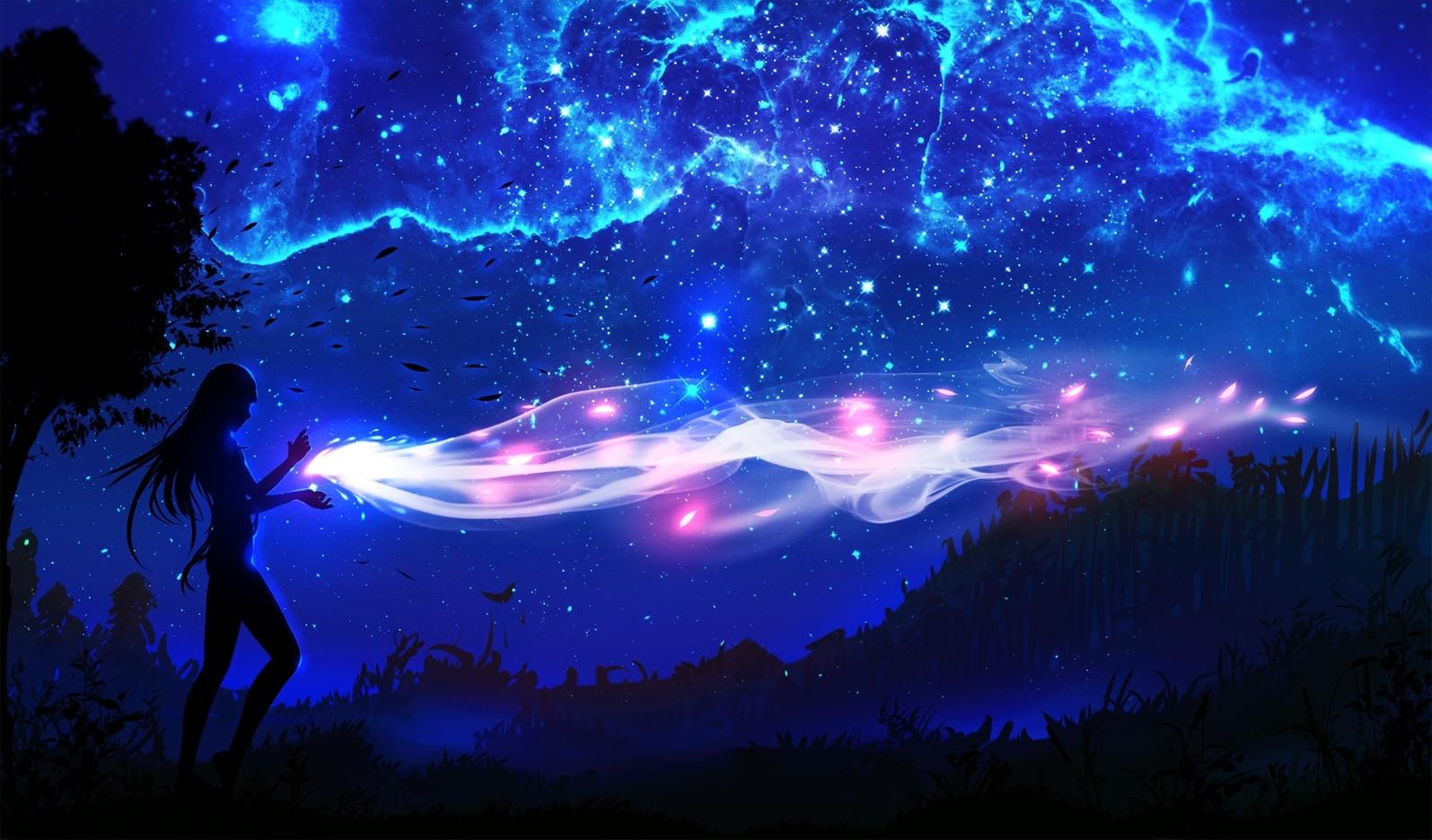 1595x936 digital art landscape trees night sky anime girls wallpaper