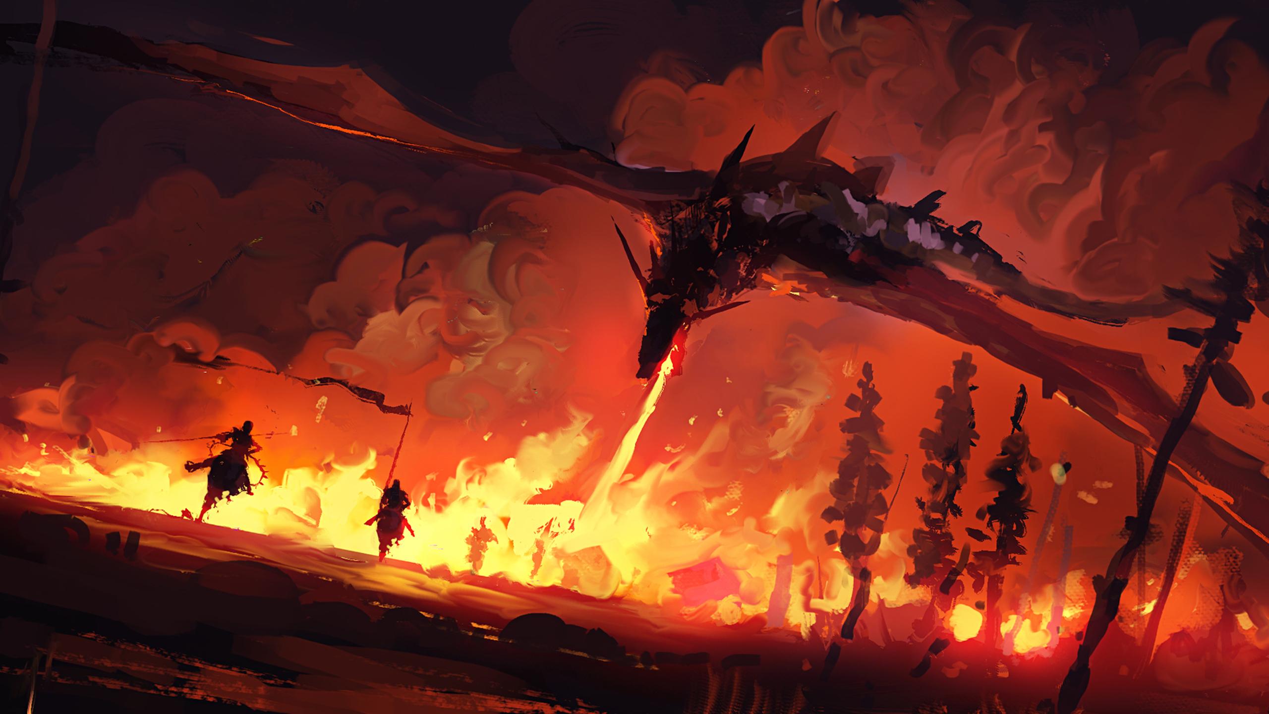 2560x1440 Fantasy Dragon Is Breathing A Fire On Ground HD Dreamy Wallpaper