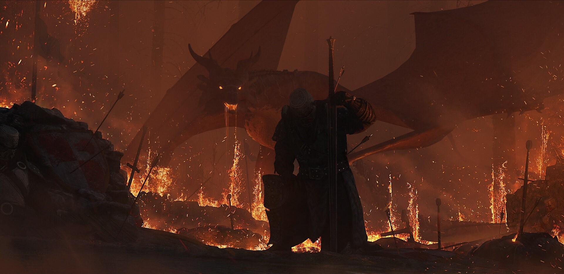 1920x932 Wallpaper / environment, dragon, Wyvern, fire, fantasy art, burning, knight, sword, forest, arrows