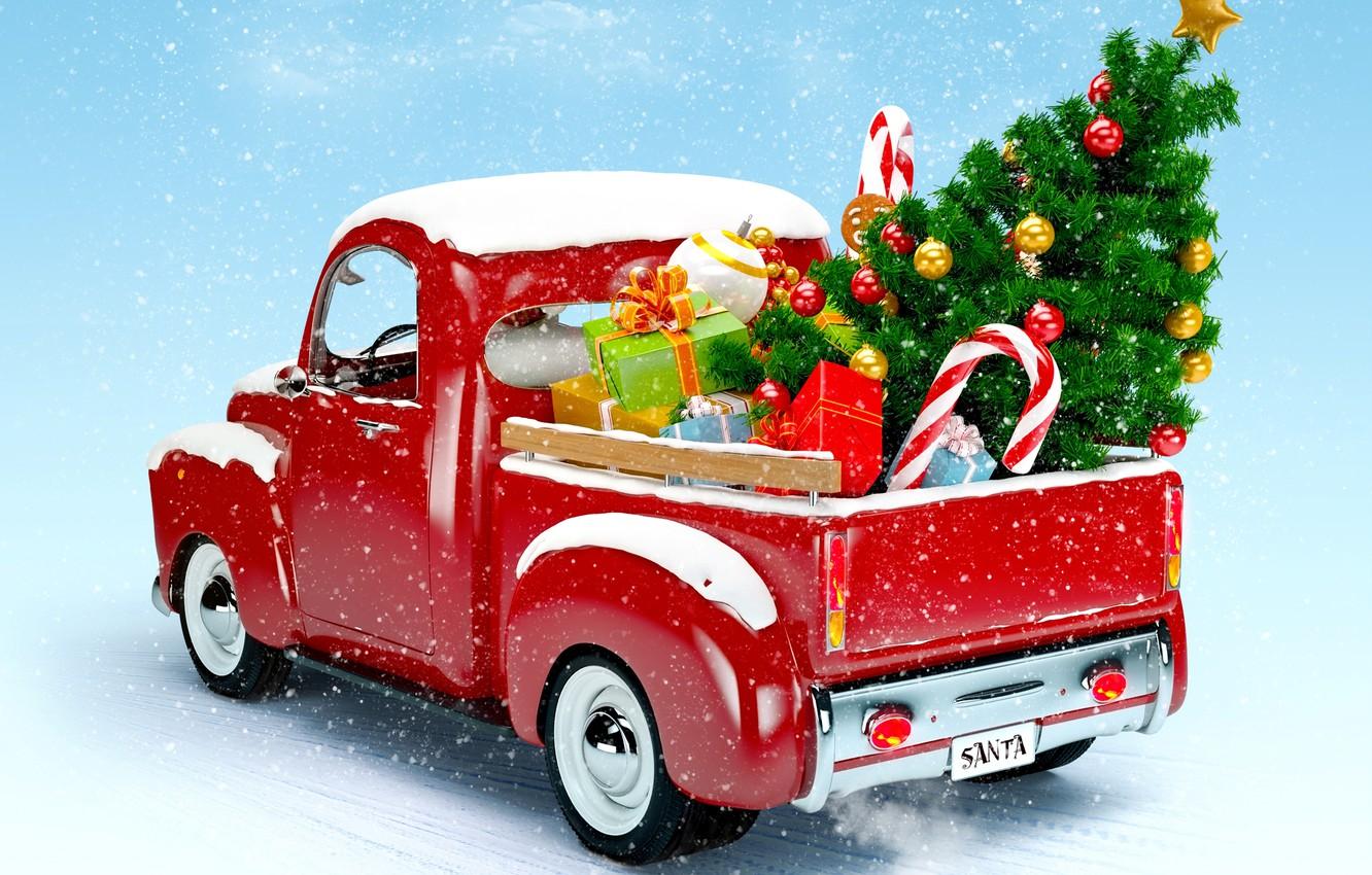 1332x850 Wallpaper tree, New Year, Christmas, truck, christmas, new year, winter, snow image for desktop, section новый год
