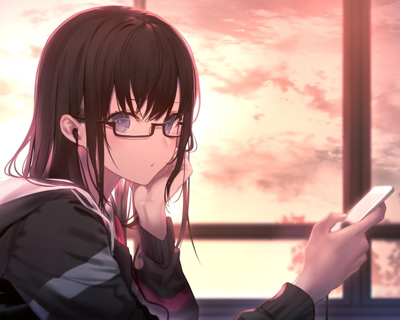 1280x1024 Anime Girl, Meganekko, Brown Hair, Sunset, Hoodie, HD Wallpaper
