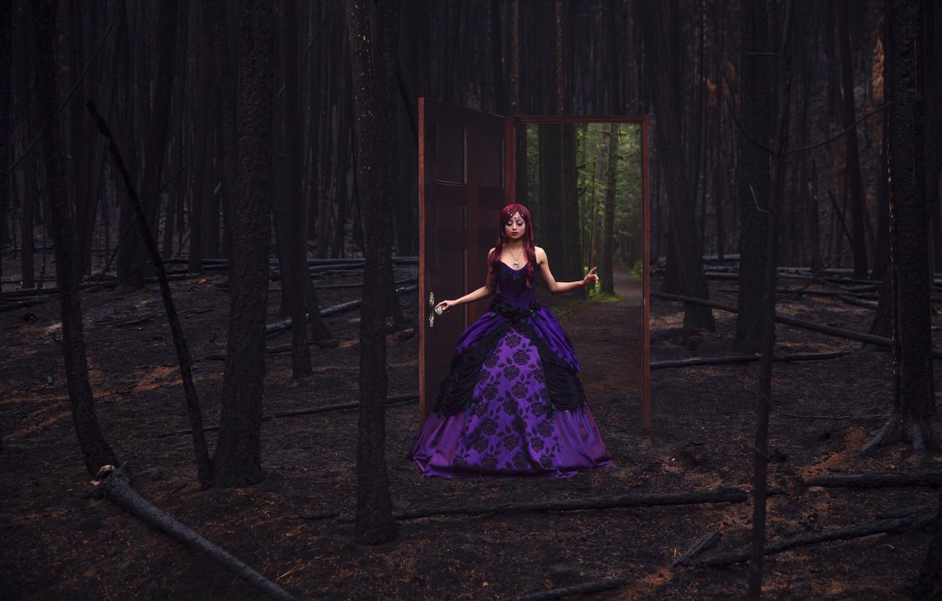 1332x850 Wallpaper forest, girl, dress, the door, Lichon, Queen Beryl image for desktop, section ситуации