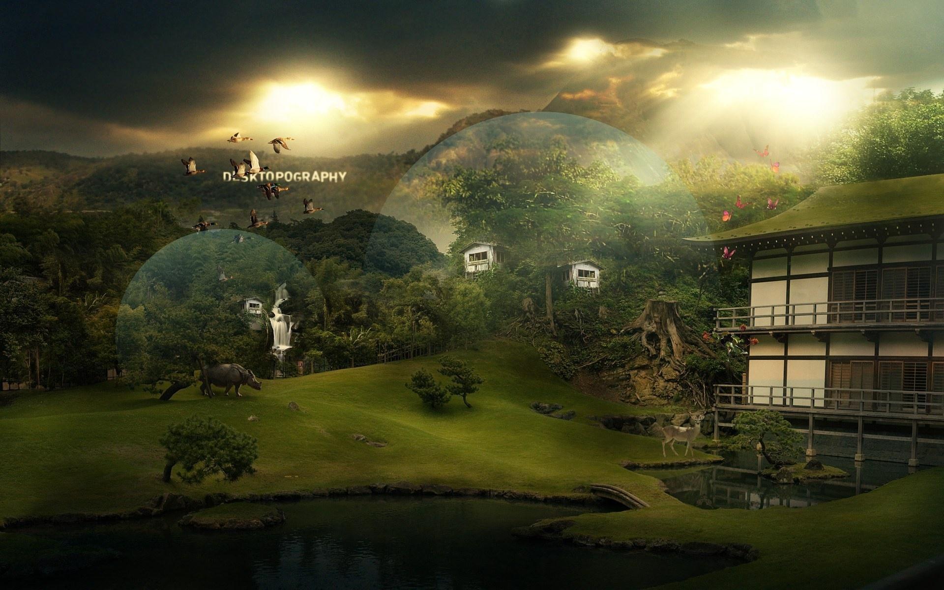 1920x1200 Green Garden, House, Digital Art Wallpaper. Green Garden, House, Digital Art