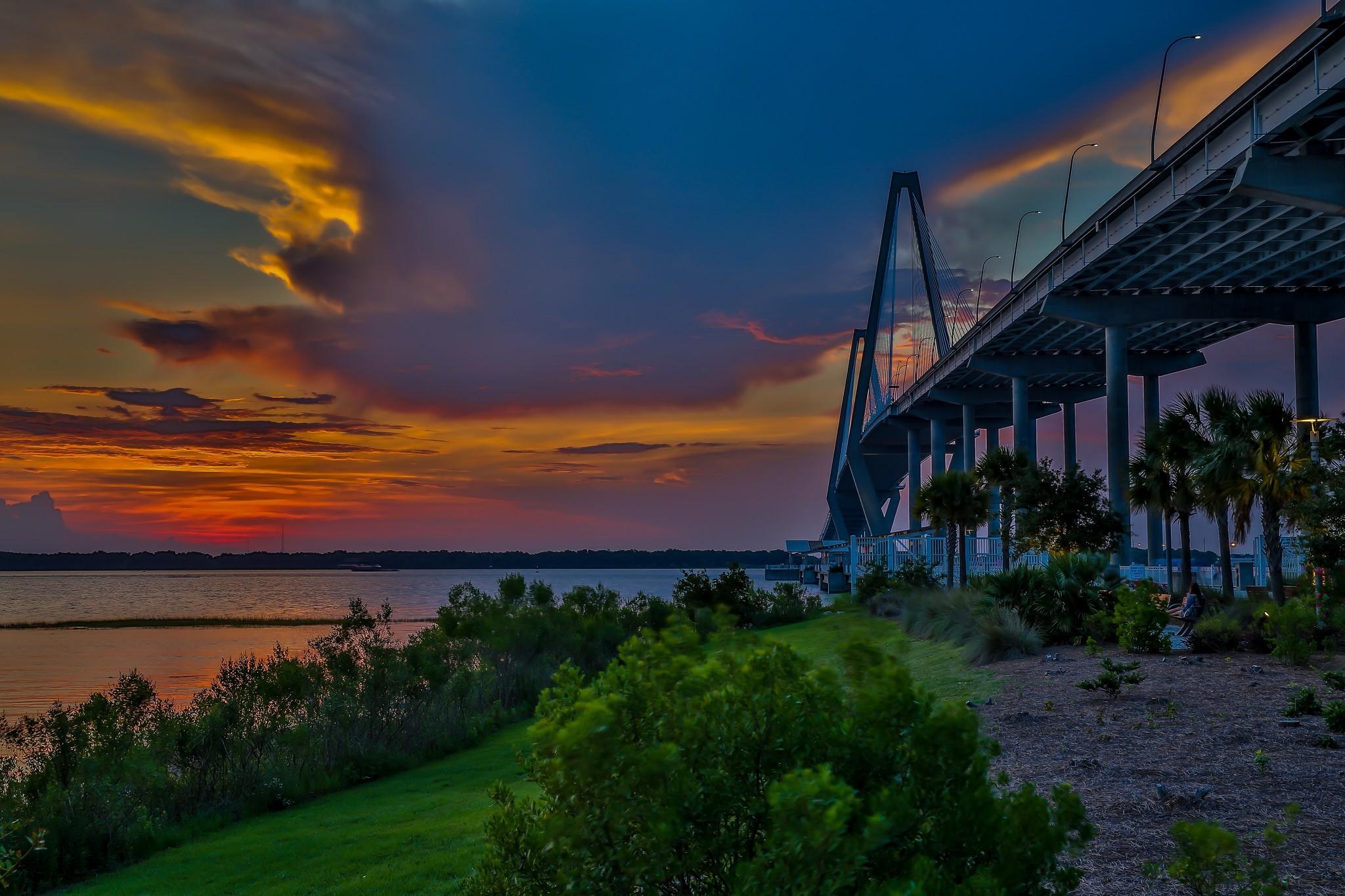 2048x1365 photography, Nature, Clouds, Landscape, Sunset, Sky, Bridge, Grass, Plants, Trees, River, Lights, South Carolina Wallpaper HD / Desktop and Mobile Background