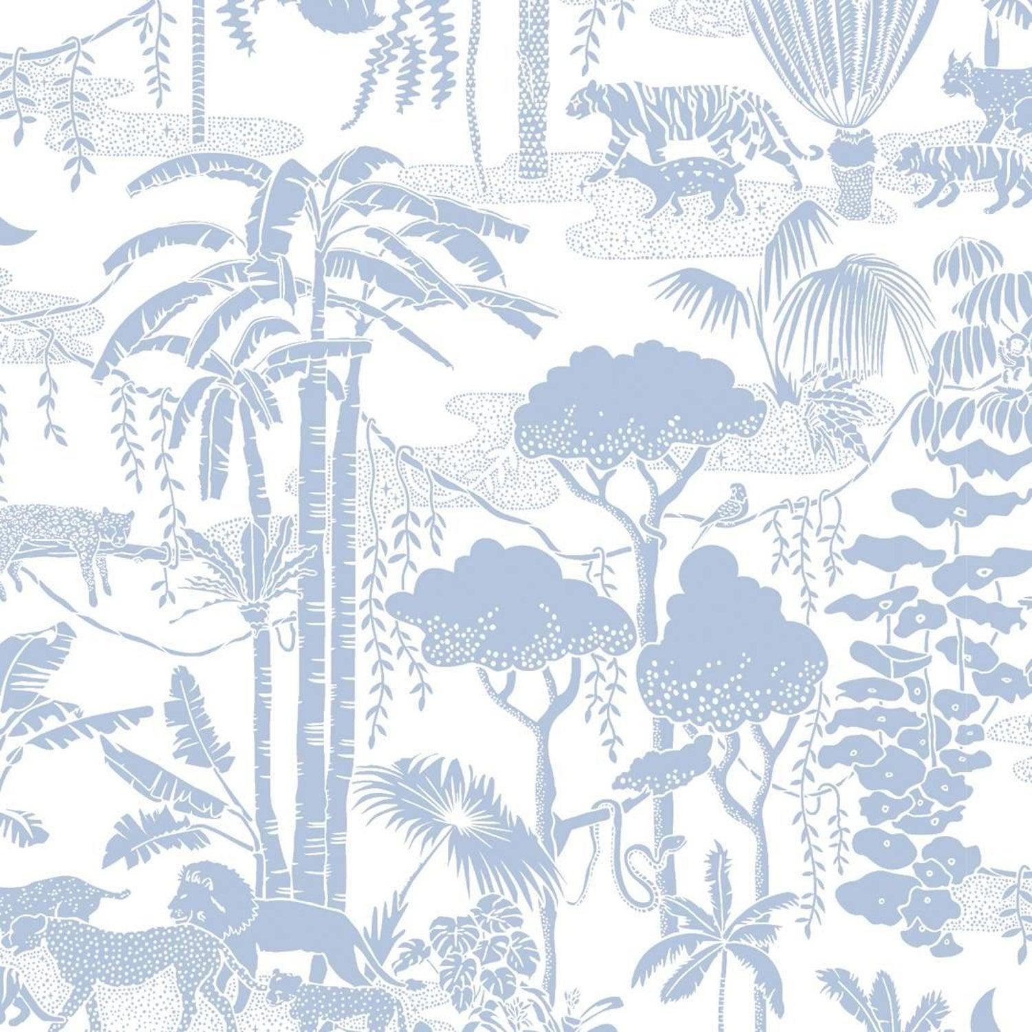 1500x1500 Jungle Dream Designer Wallpaper in Bluebell 'Dusty Blue and White'
