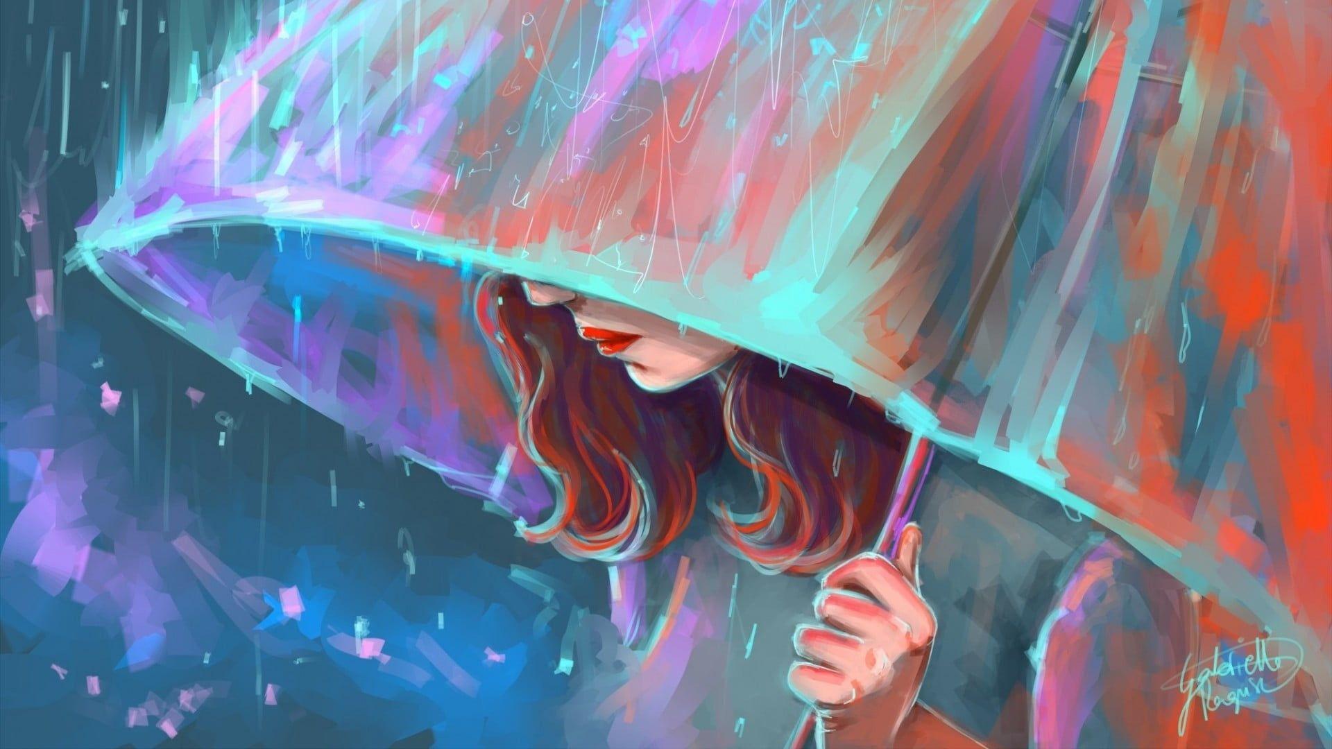 1920x1080 woman holding umbrella painting digital art #painting #women #face #artwork long hair #umbrella #rain #colorfu. Painting of girl, Umbrella painting, Umbrella girl