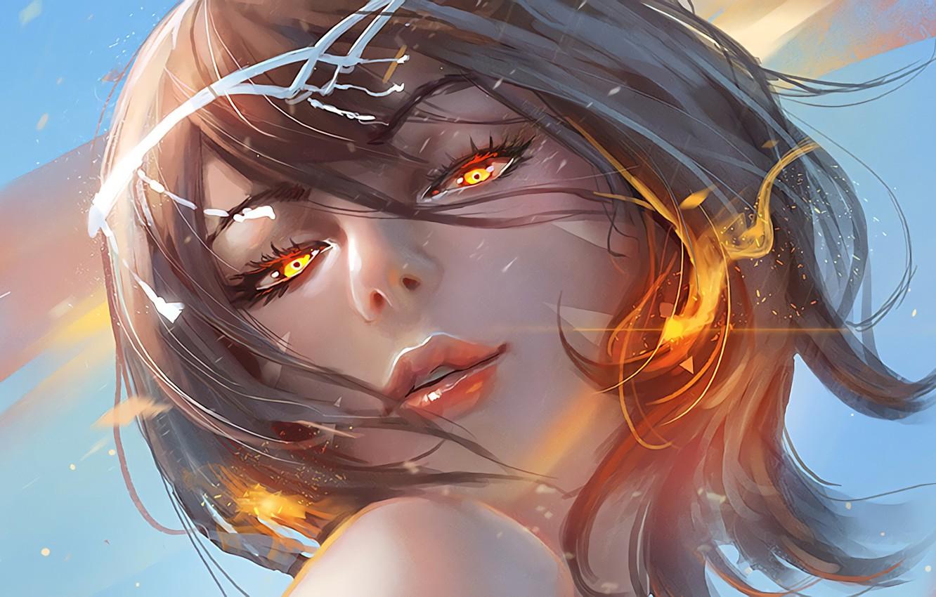 1332x850 Photo Wallpaper Girl, Fire, Eyes, Art, Face, Digital Painting Anime Face