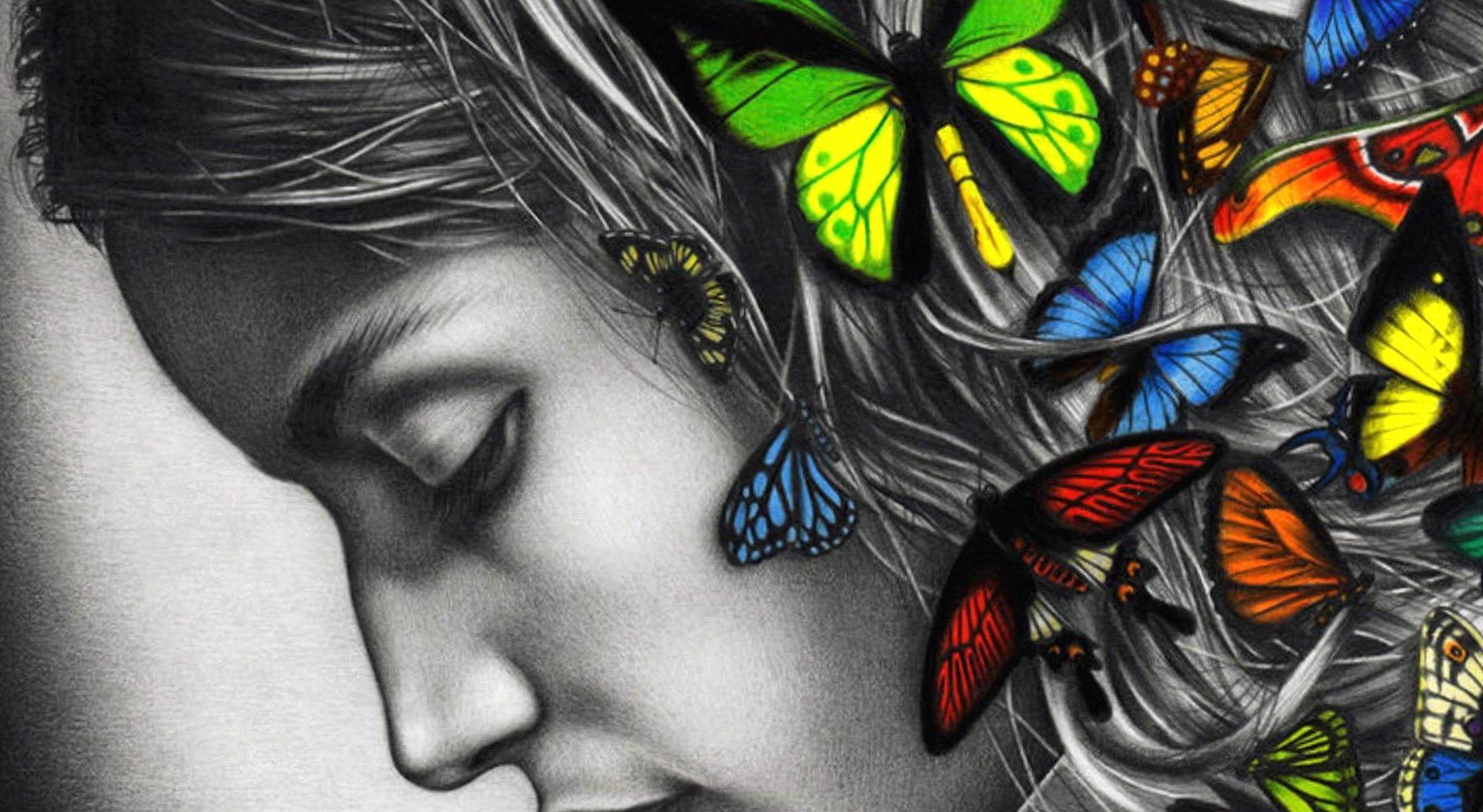 1871x1025 Butterfly woman colour digital art Wallpaper HD Download
