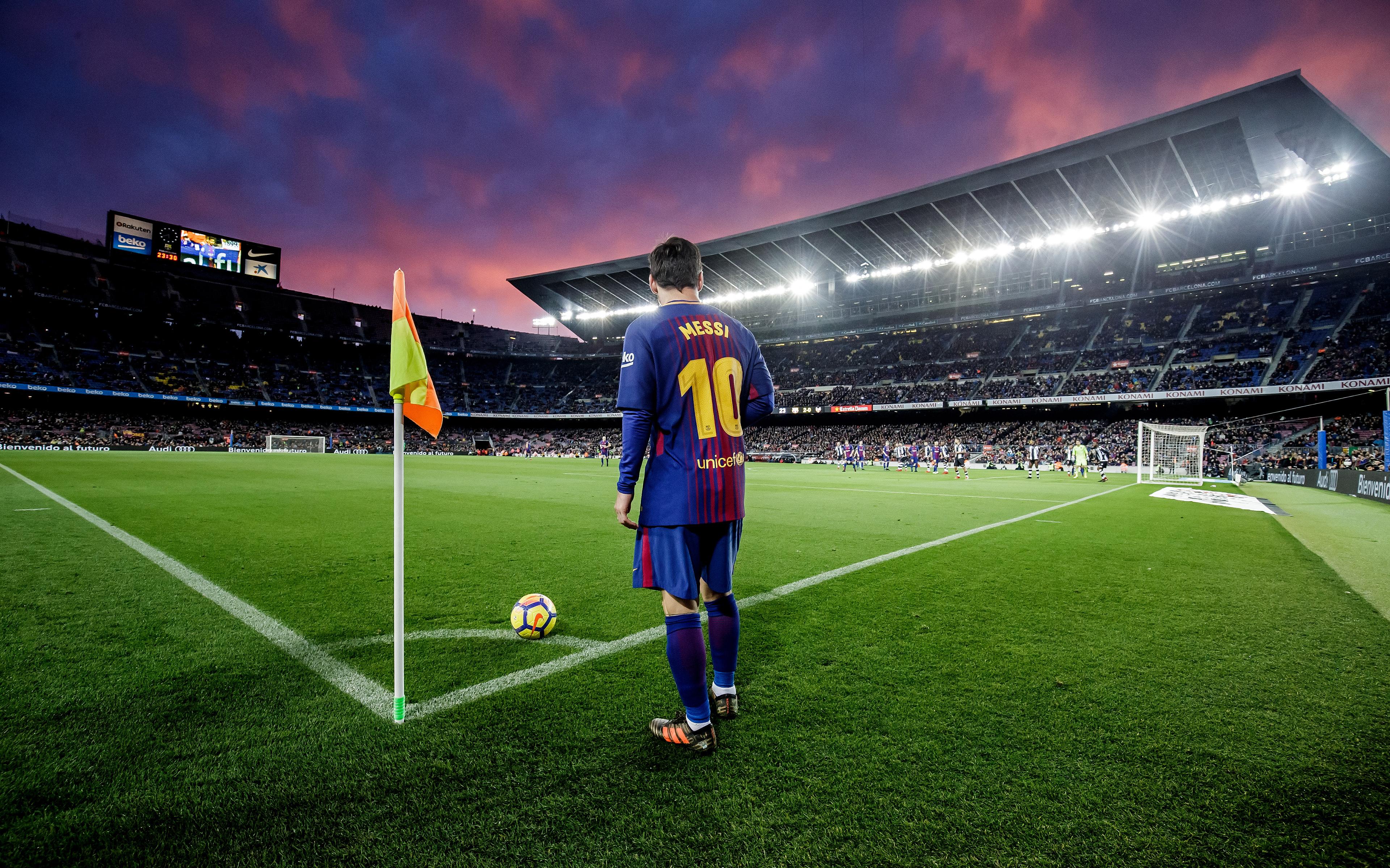 3840x2400 Download wallpaper Lionel Messi, Barcelona, La Liga, Spain, corner kick, football stadium, 4k, Leo Messi, Camp Nou for desktop with resolution 3840x2400. High Quality HD picture wallpaper