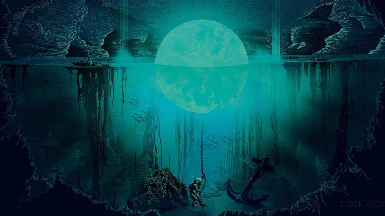 1244x700 Derek Rudy Moon digital art blue sea underwater artwork divers wallpaperx1080