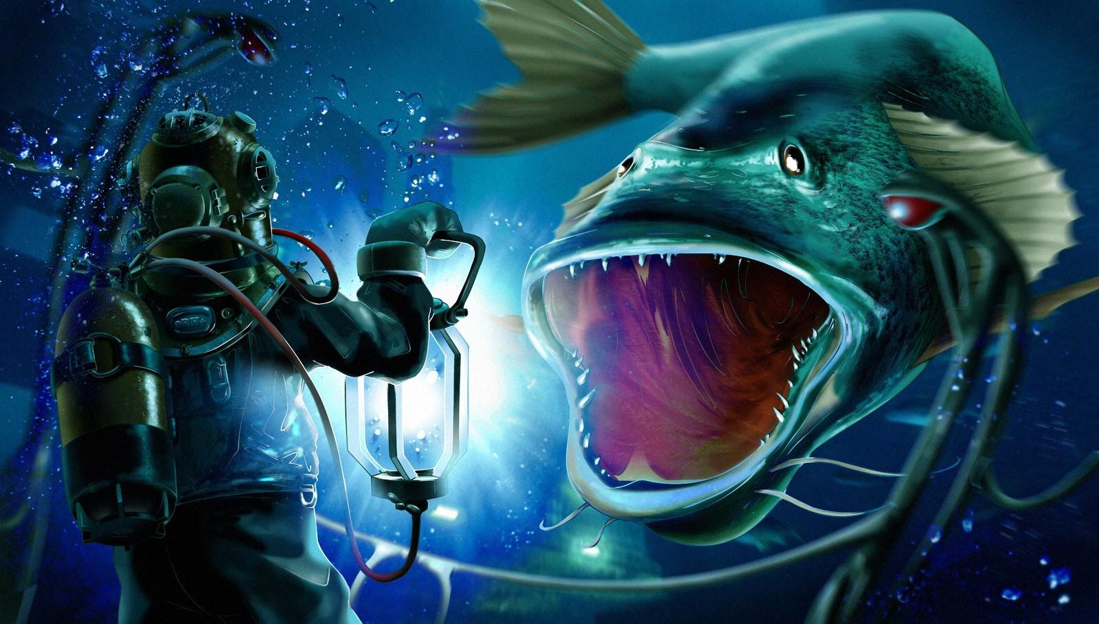 1600x908 diver fantasy art creatures scuba diving underwater