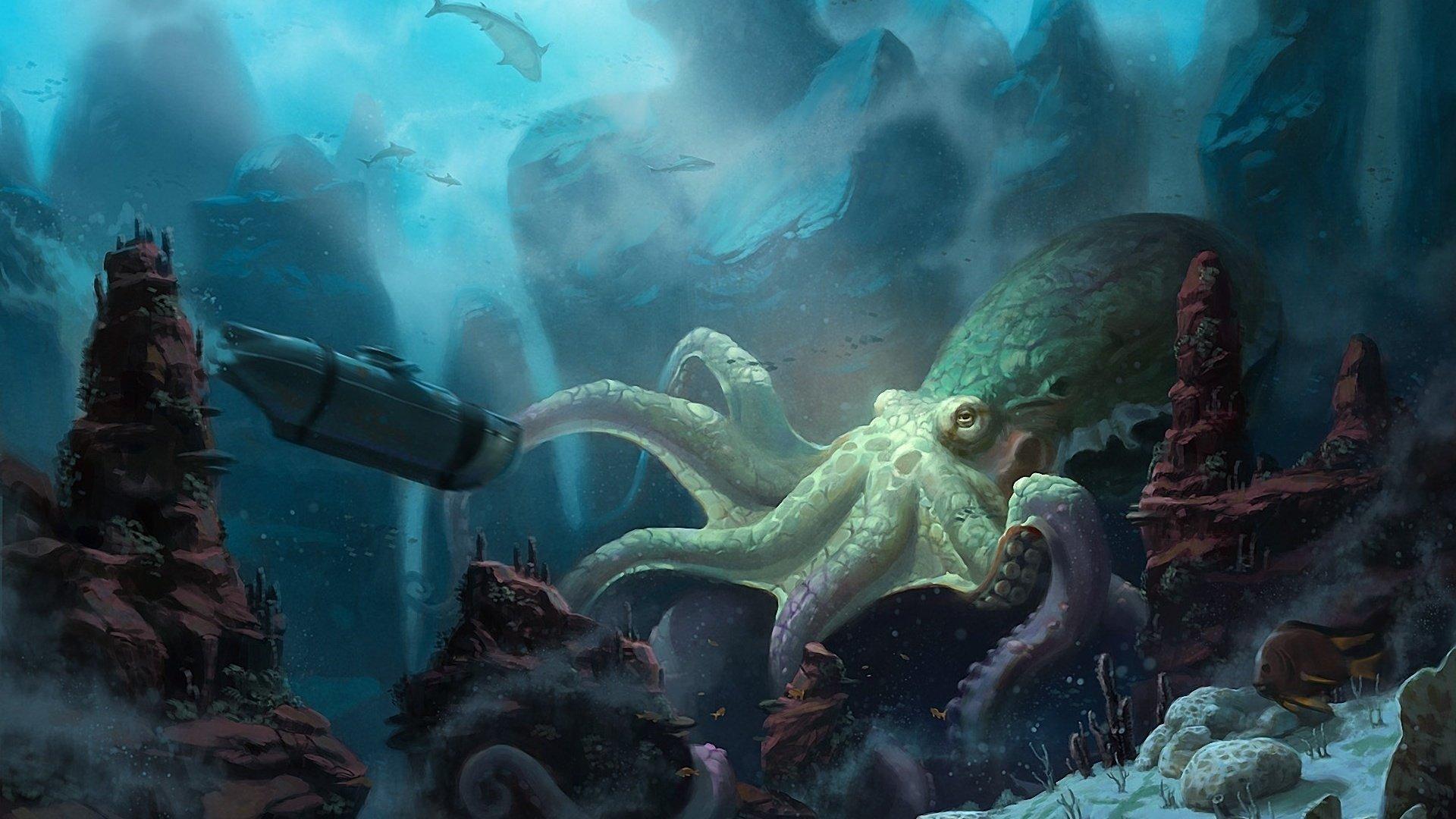 1920x1080 submarine, Unidcolor, Underwater, Art, Craft, Octopus Wallpaper HD / Desktop and Mobile Background