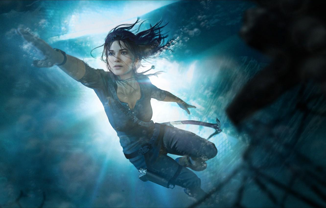 1332x850 Wallpaper sea, girl, lara croft, tomb raider, under water, underwater, art, floats image for desktop, section игры