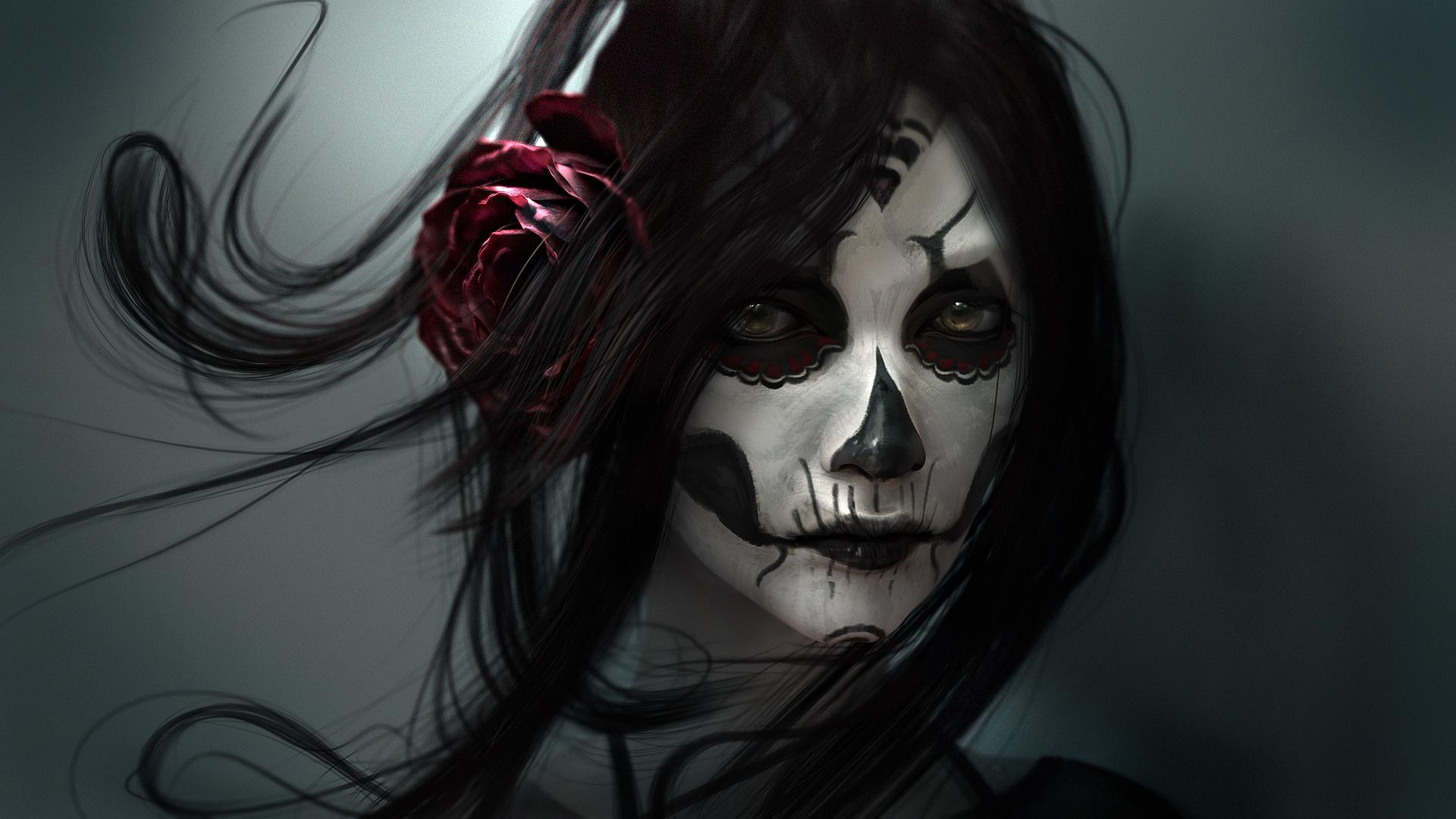 1920x1080 gothic, Face, Brunette, Girl, Hair, Fantasy, Girl, Fantasy, Skull, Death Wallpaper HD / Desktop and Mobile Background