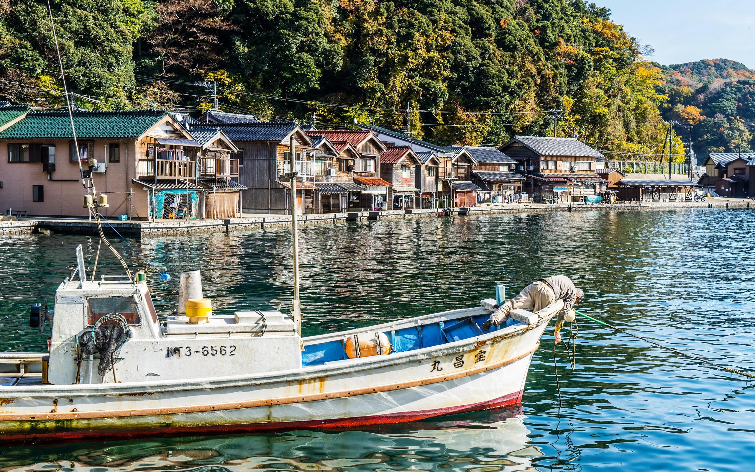 2560x1600 Download wallpaper fishing boat, Japanese city, mountain landscape, summer, Kyoto, Japan, Honshu Island for desktop with resolution 2560x1600. High Quality HD picture wallpaper