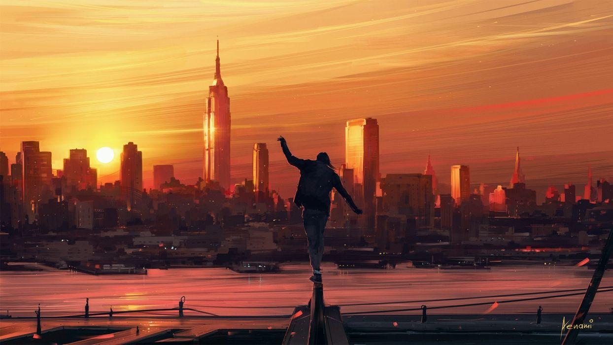 1244x700 Aenami sunset digital art cityscape artwork boy wallpaperx1080