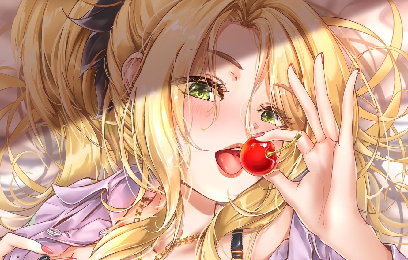 1332x850 Wallpaper language, look, face, blonde, blush, cherry, flirting, green eyes, bangs, in the hand, curly hair, the chain around his neck image for desktop, section арт