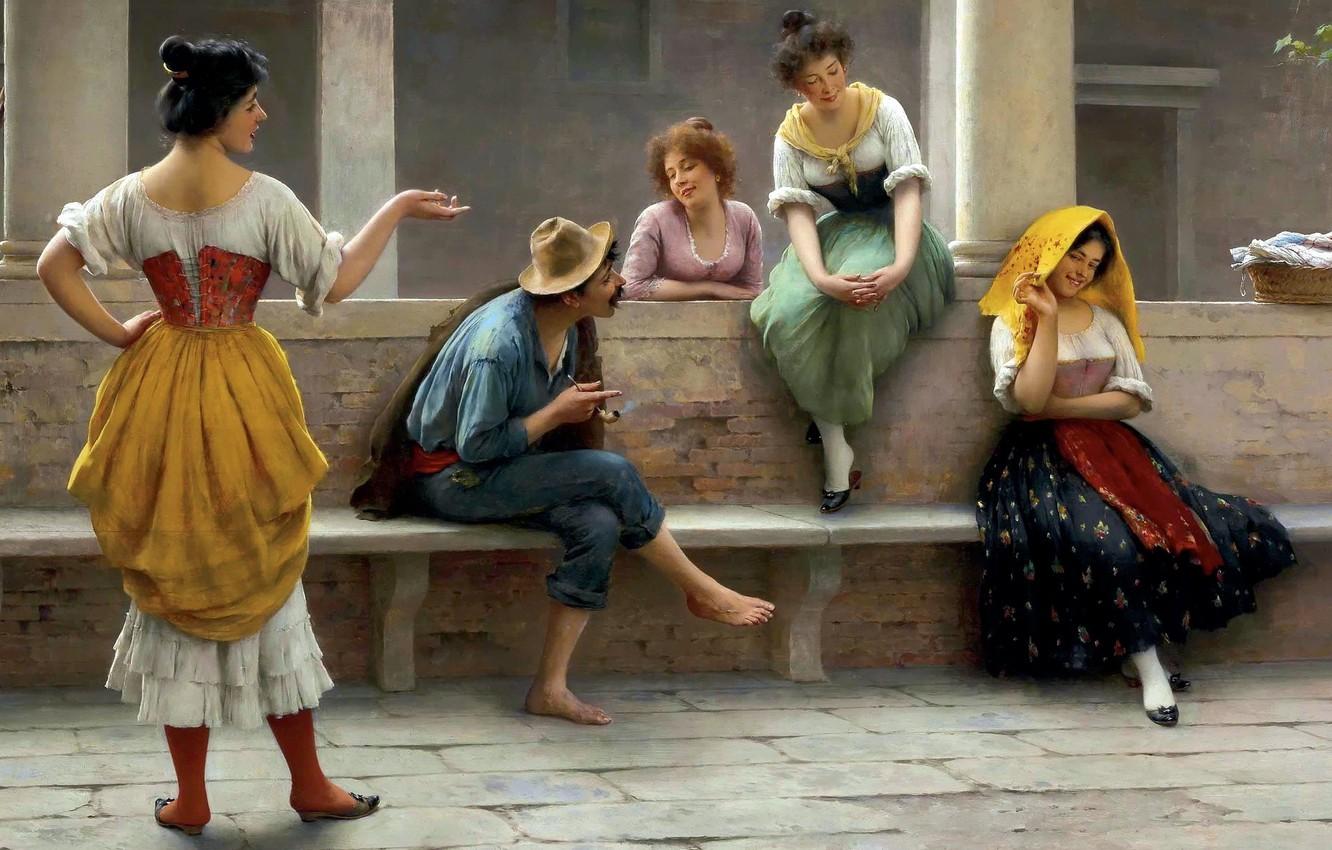 1332x850 Wallpaper Flirting, The Conversation, Eugene The Blow Up, Eugene De Blaas Image For Desktop, Section живопись