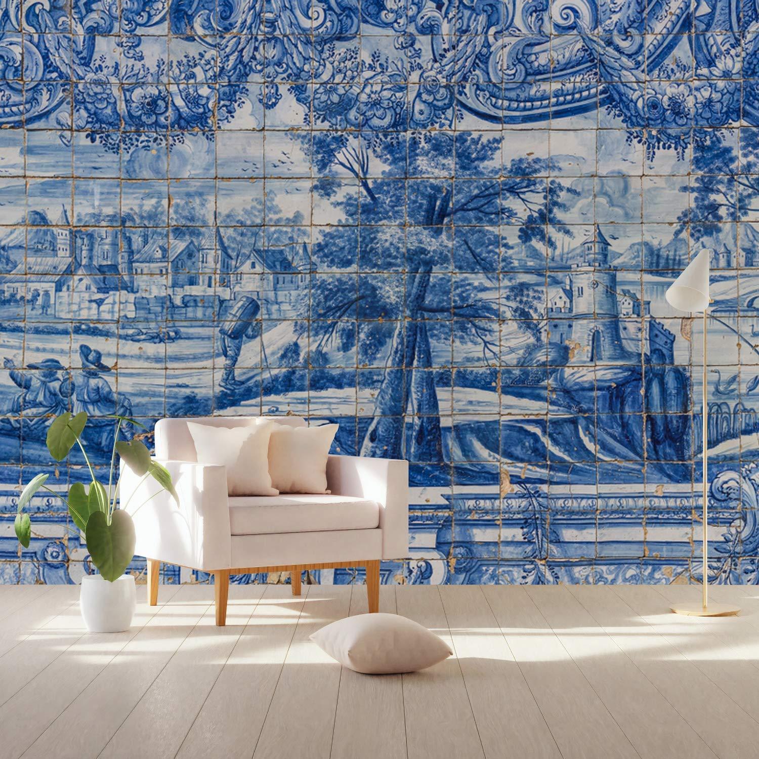1500x1500 Murwall Chinoiserie Wallpaper Blue Tile Wall Mural Gold Brush Wall Print Chinese Home Decor Cafe Design Entryway : Handmade Products