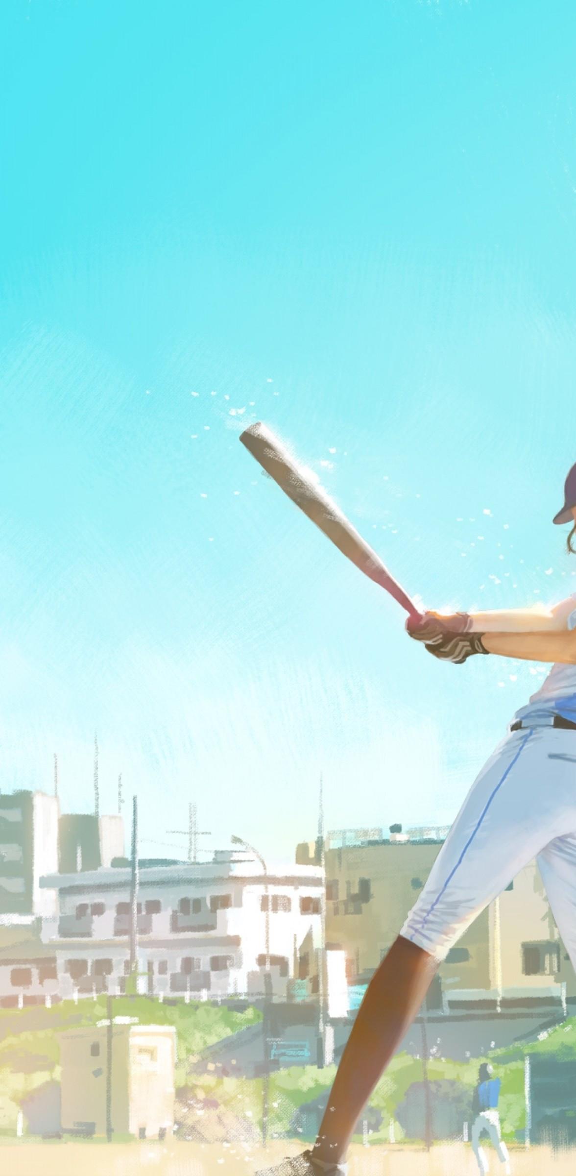 1176x2400 Download 1176x2400 Anime Girl, Baseball Player, Field, Baseball Bat Wallpaper for Huawei Mate 30 Pro