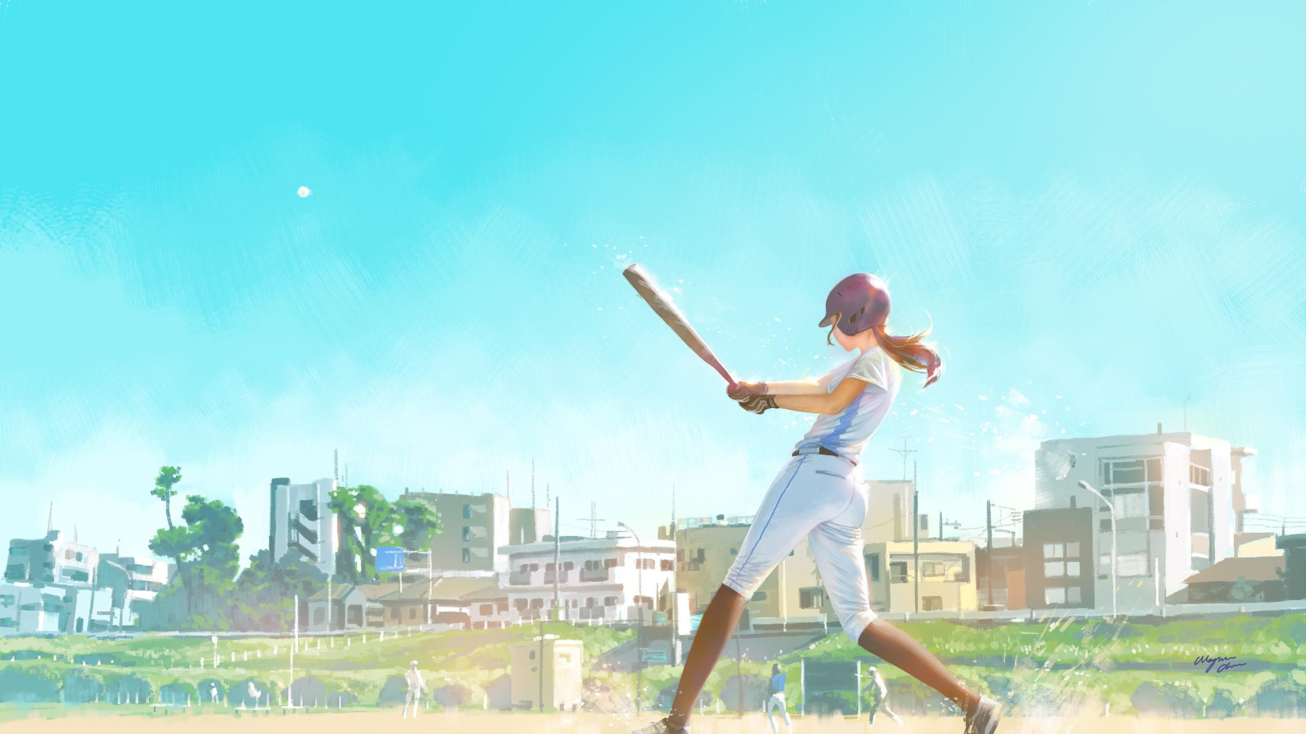 2560x1440 Download 2560x1440 Anime Girl, Baseball Player, Field, Baseball Bat Wallpaper for iMac 27 inch
