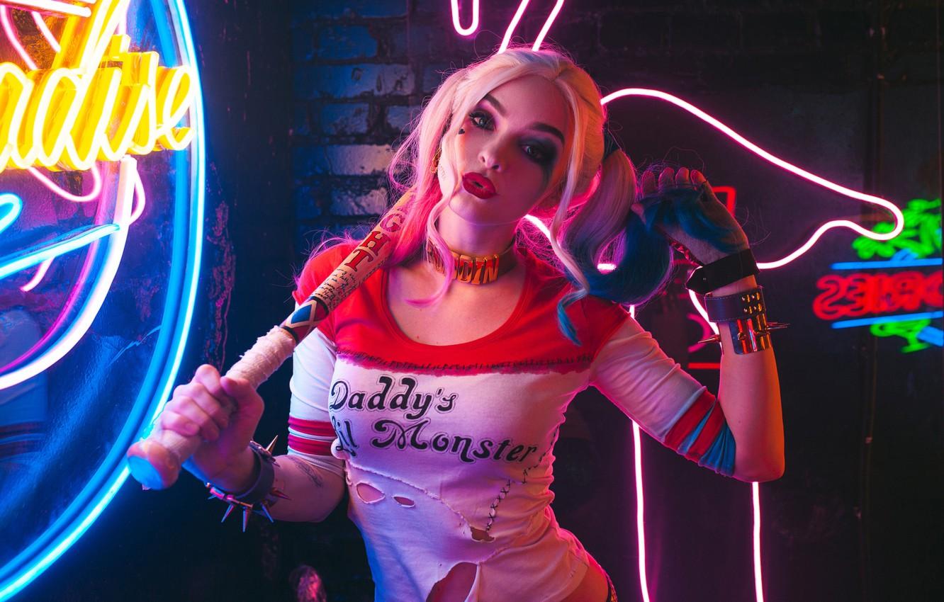 1332x850 Wallpaper girl, pose, neon, cosplay, baseball bat, Harley Quinn, Sergey Rodichkin image for desktop, section стиль