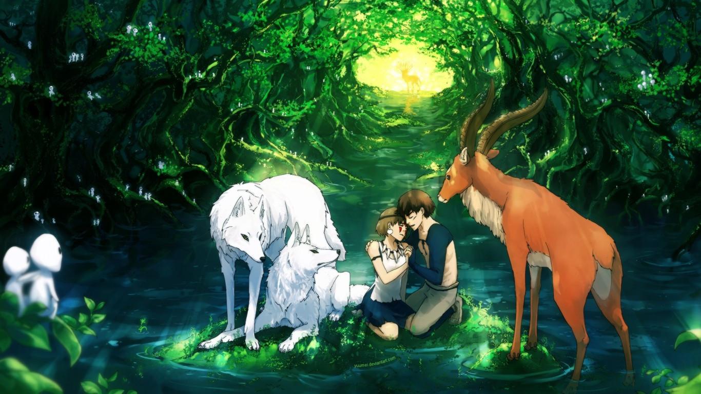 1366x768 Download 1366x768 Princess Mononoke, San, Ashitaka, Forest, Wolves, Animals Wallpaper for Laptop, Notebook