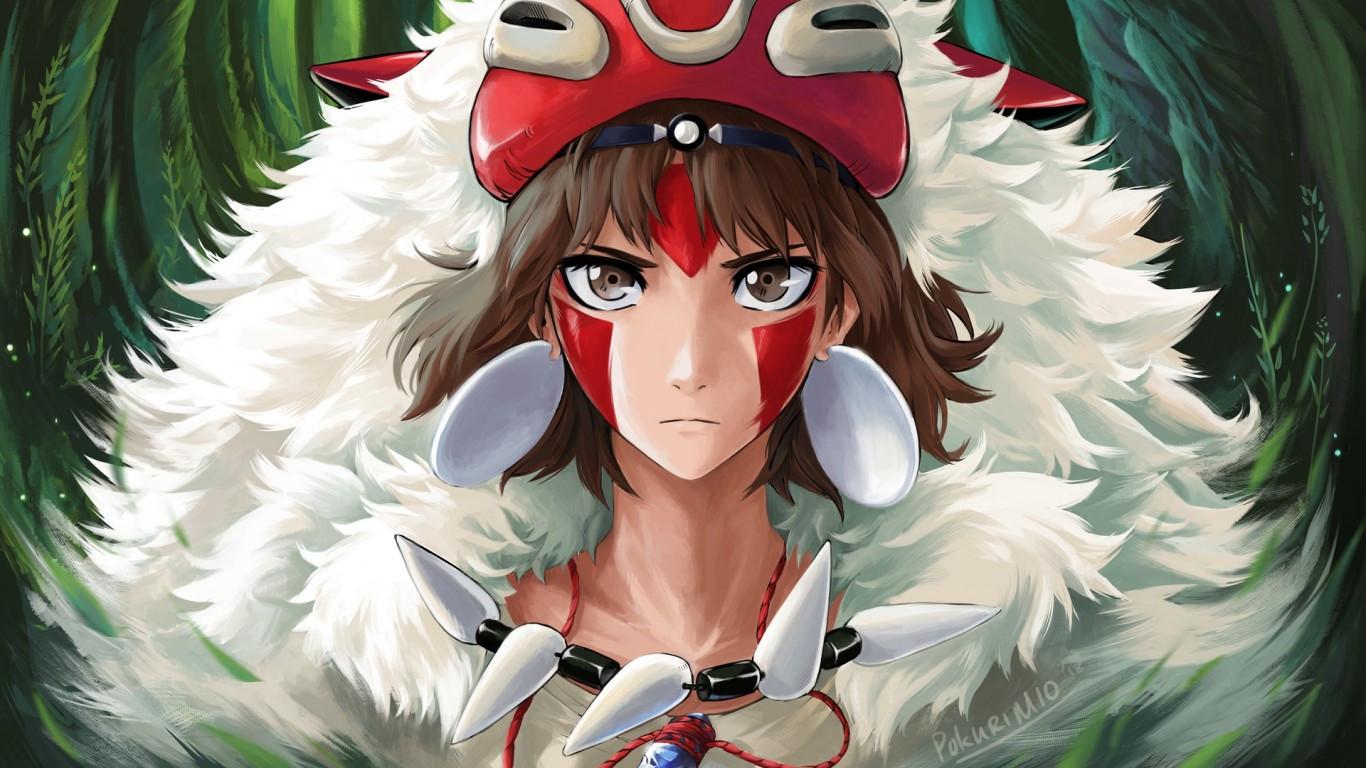 1366x768 Download 1366x768 Princess Mononoke, San, Brown Hair, Headdress, Tattoo Wallpaper for Laptop, Notebook