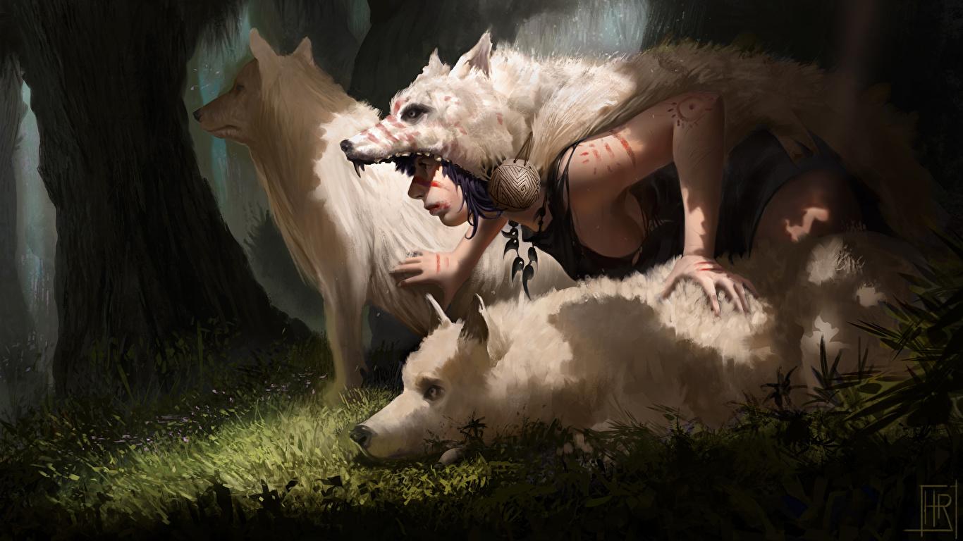 1366x768 Photo Princess Mononoke wolf White Anime Girls Painting Art 1366x768