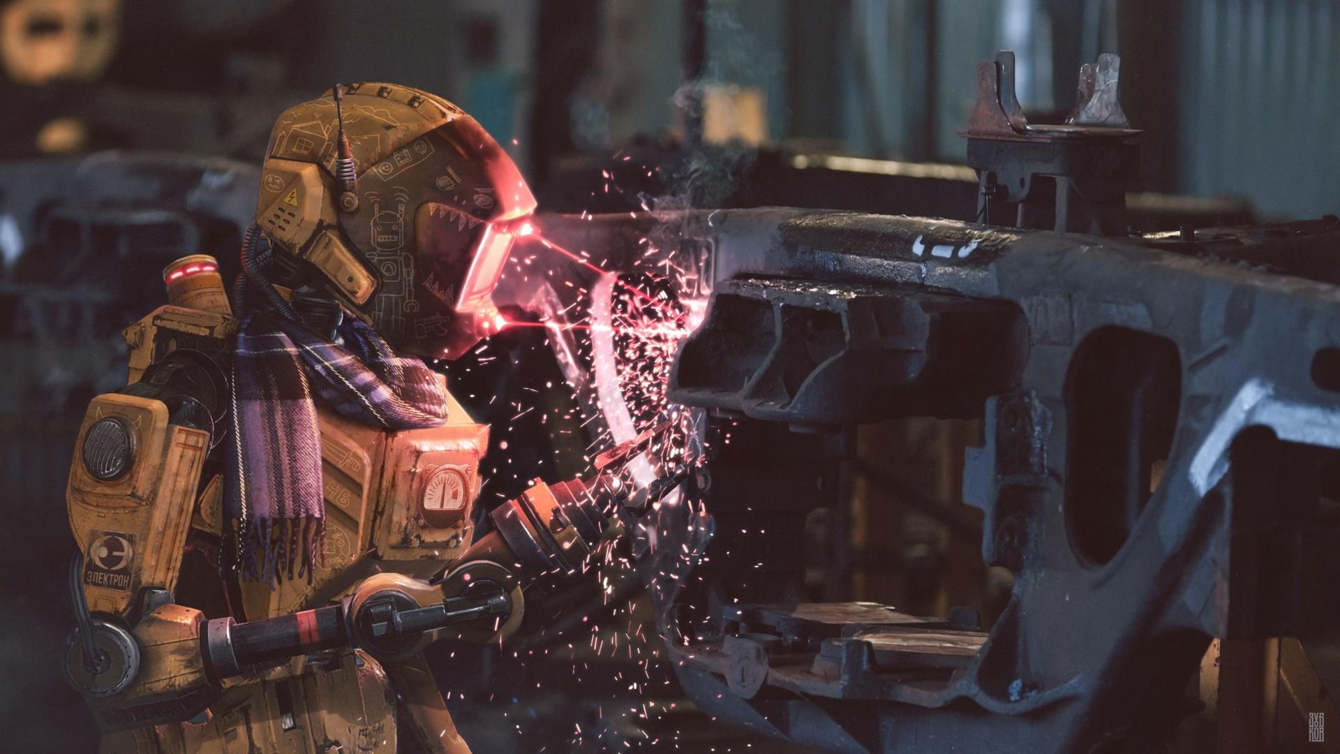 1920x1080 Workers Robot Futuristic Digital Art Welding Wallpaper: 1920x1080