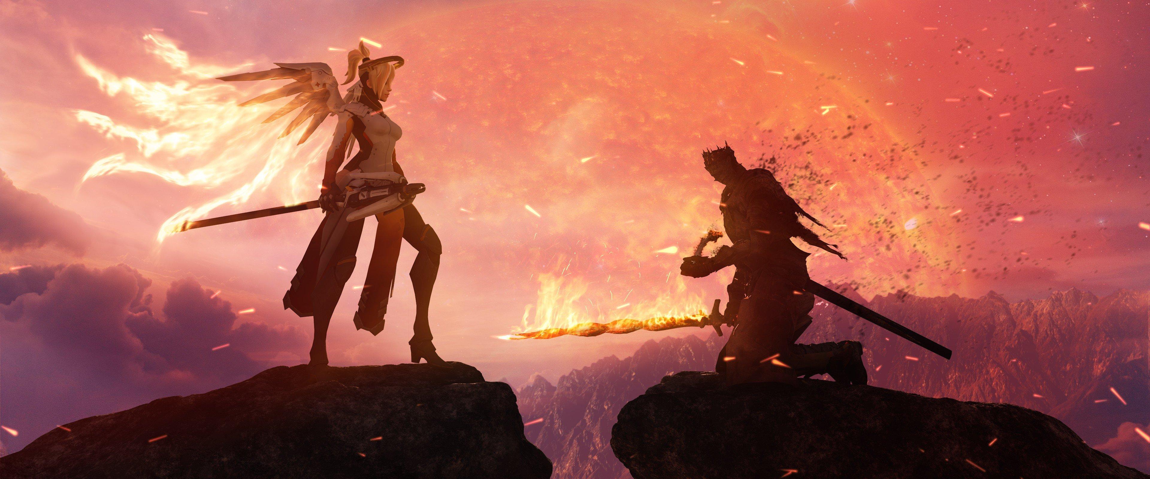 3840x1600 px Crossover Dark Souls Mercy (Overwatch) Overwatch High Quality Wallpaper, High Definition Wallpaper