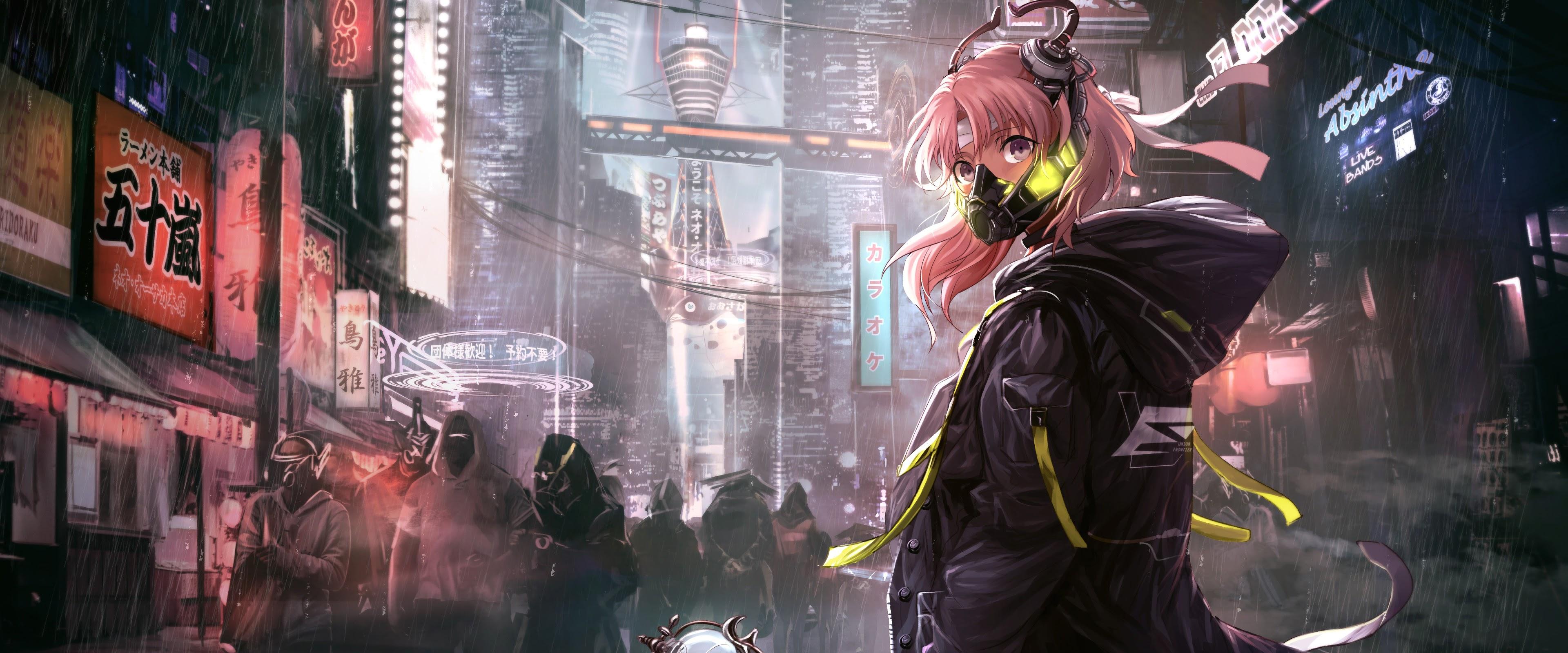 3840x1600 Anime Girl Mask Cyberpunk Sci Fi 4K Wallpaper