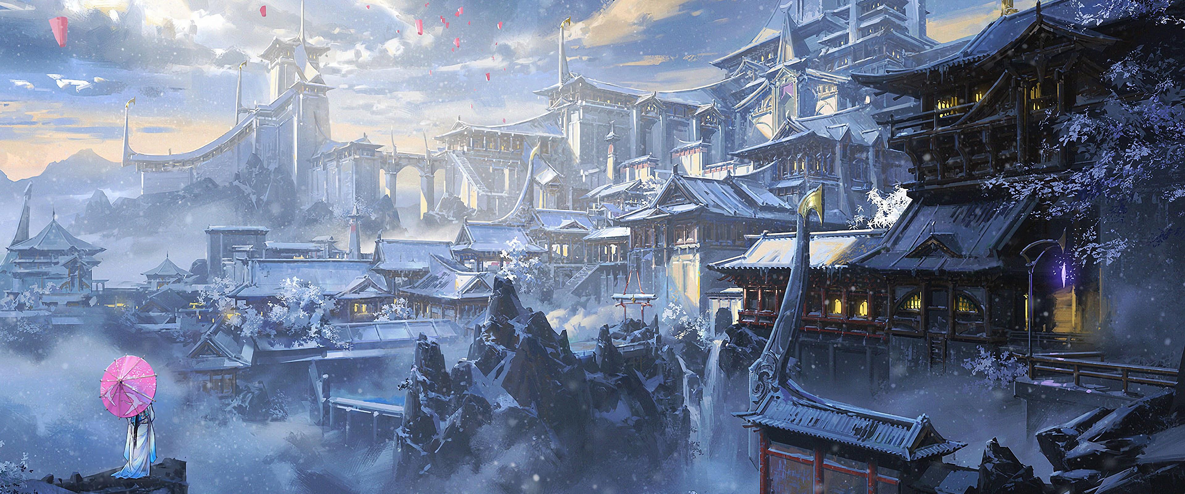 3840x1600 Japanese Castle Fantasy Art 4K Wallpaper
